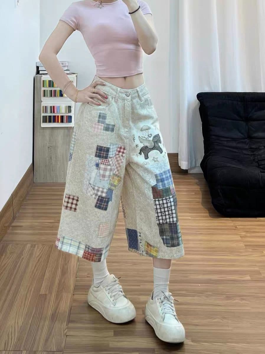 레트로 천년기 바람 재미있는 퍼즐 프린트 데님 반바지 여자 여름 루즈핏 7 점 넓은 다리 스트레이트 중 바지 이미지 2