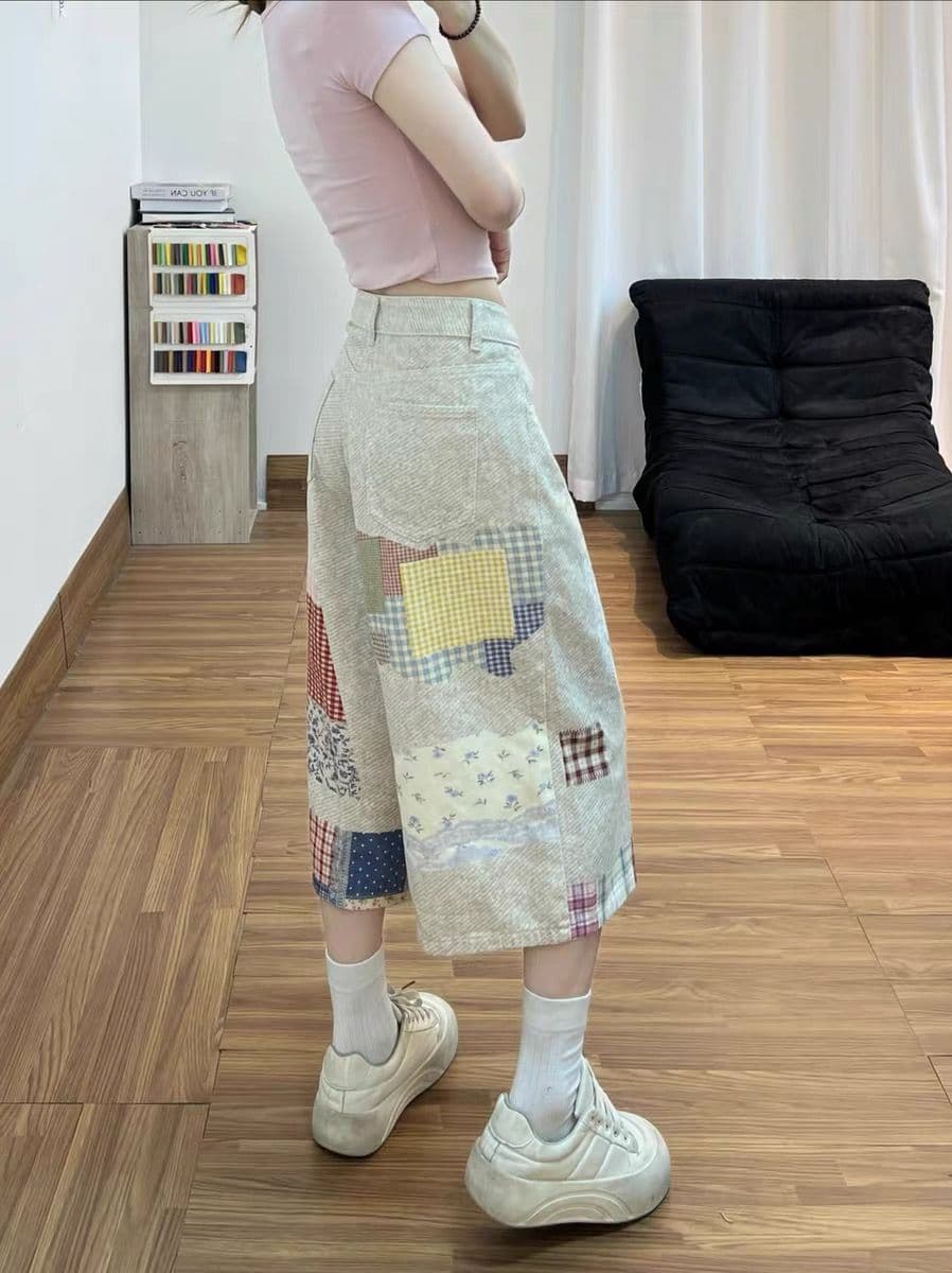 레트로 천년기 바람 재미있는 퍼즐 프린트 데님 반바지 여자 여름 루즈핏 7 점 넓은 다리 스트레이트 중 바지 상세 이미지 6
