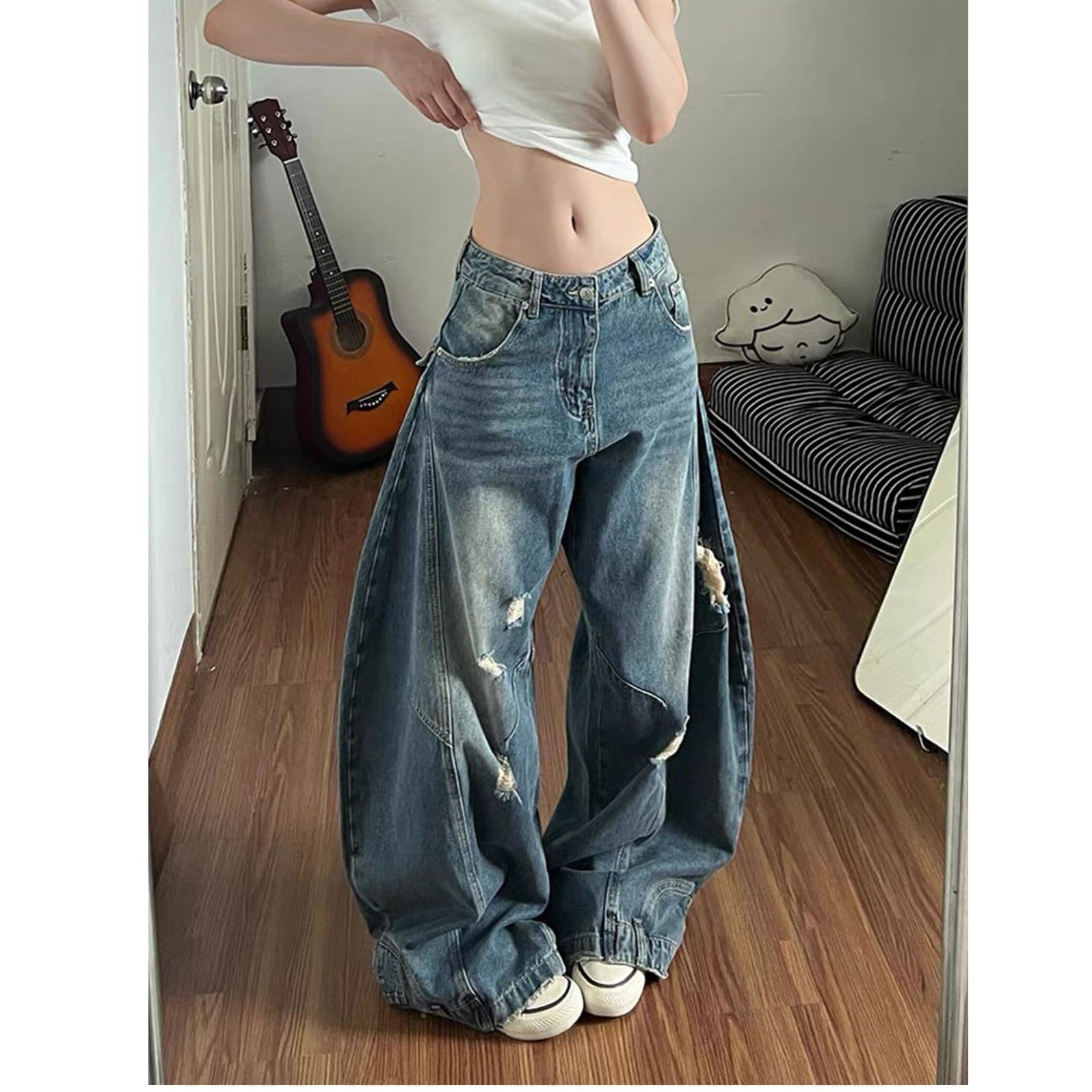 아메리칸 레트로 파란색 모통이 칼 청바지 바지 여자 2026 여름 새로운 루즈핏 찢어진 부분 와이드 레그 팬츠 긴 바지 이미지 3
