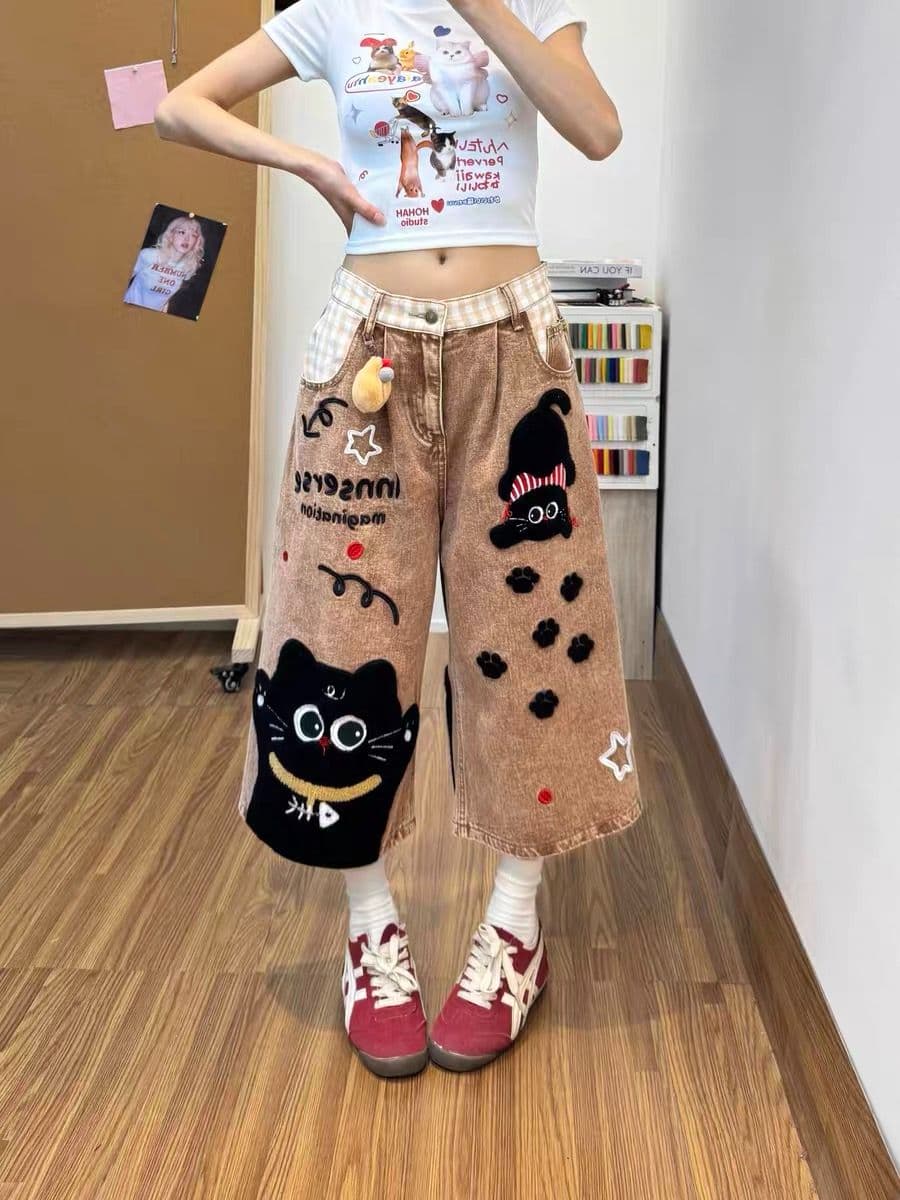 만화 고양이 수건 자수 데님 7부 바지 여자 2026 여름 새로운 트렌드 루즈핏 넓은 다리가 짧다. 바지