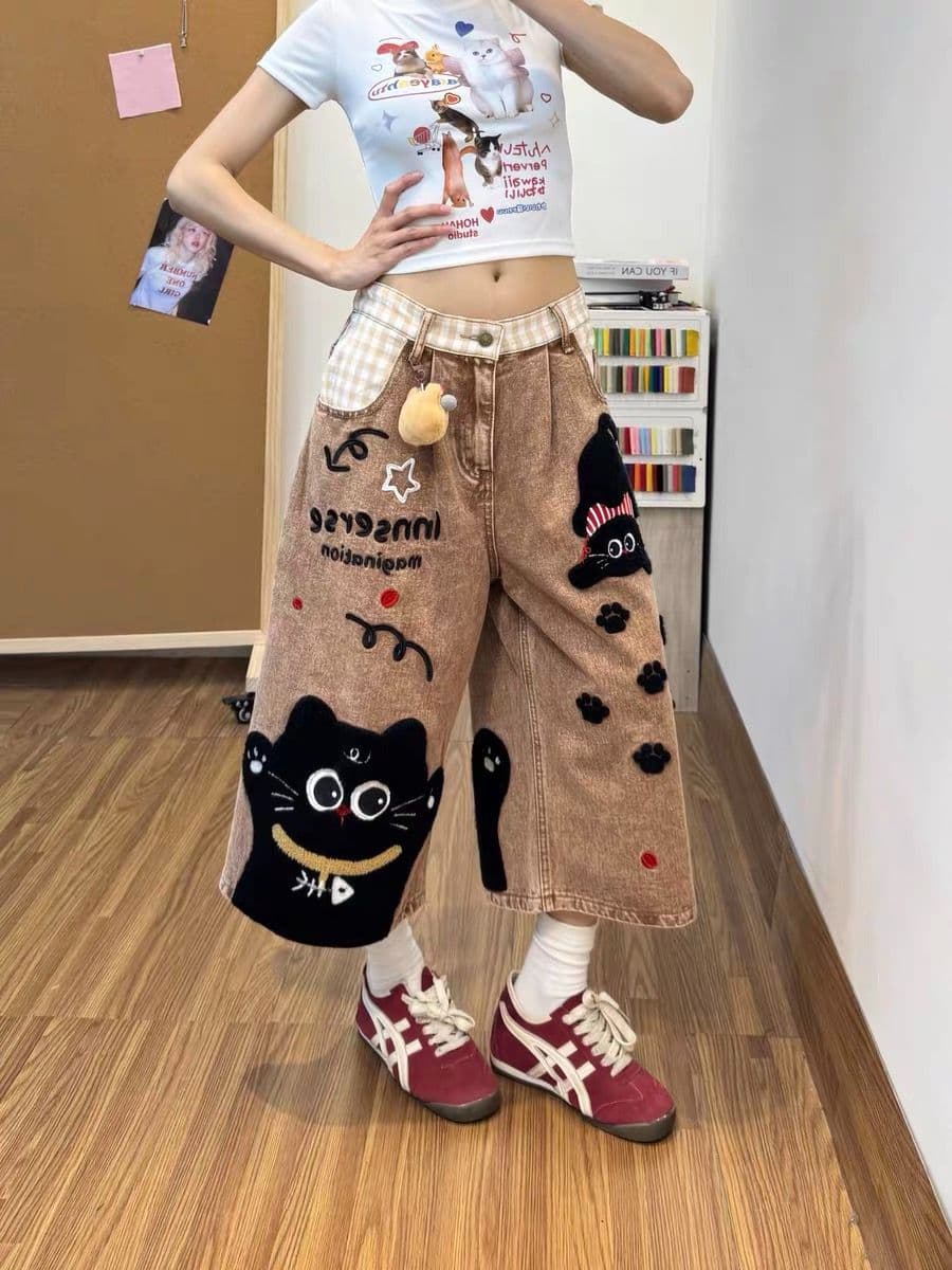 만화 고양이 수건 자수 데님 7부 바지 여자 2026 여름 새로운 트렌드 루즈핏 넓은 다리가 짧다. 바지 상세 이미지 2
