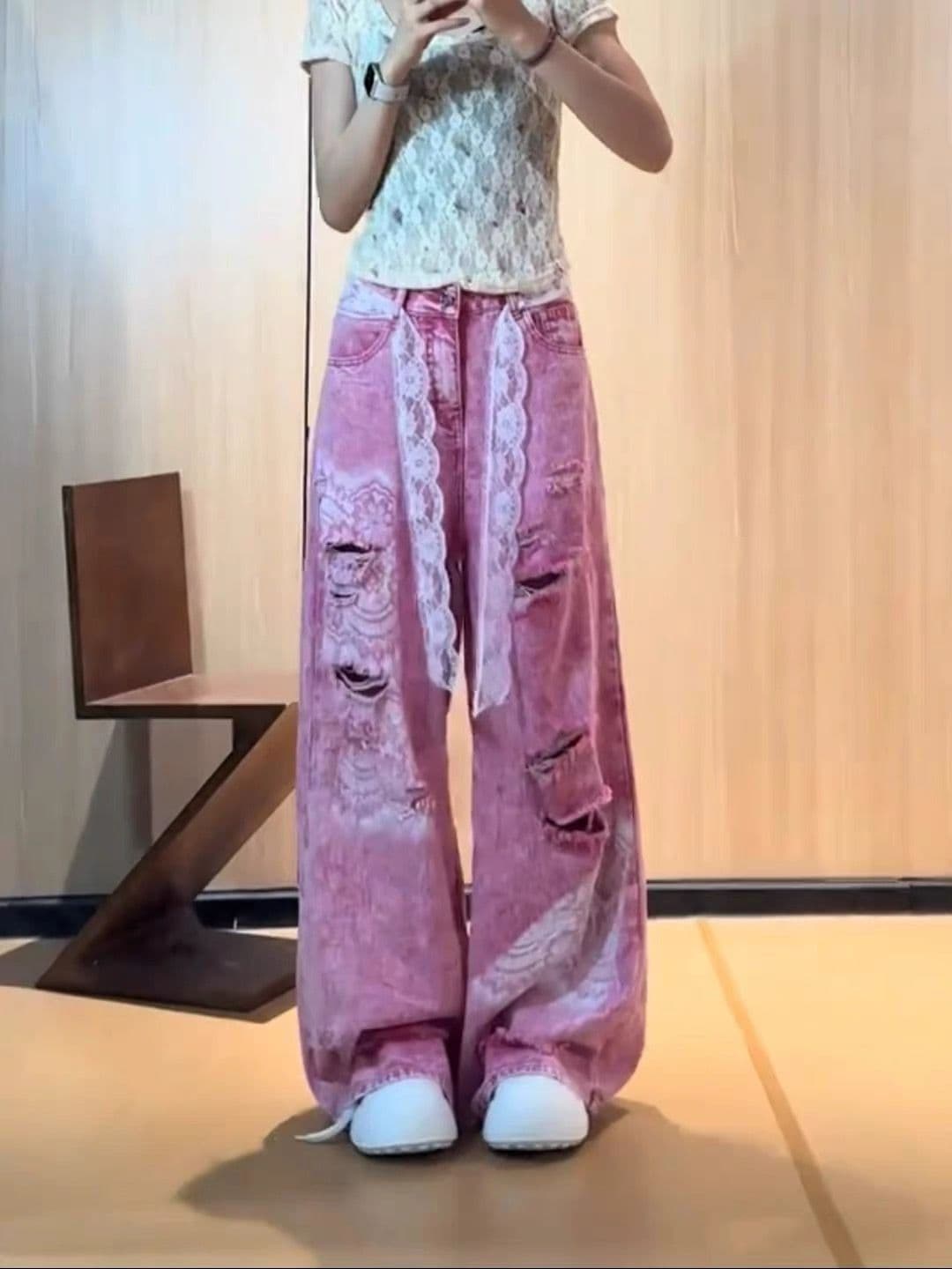 여름 새로운 레트로 핑크색 찢어진 부분 청바지 여성 하이웨이스트 루즈핏 와이드 레그 팬츠 캐주얼 다용도 여성 의류 이미지 2