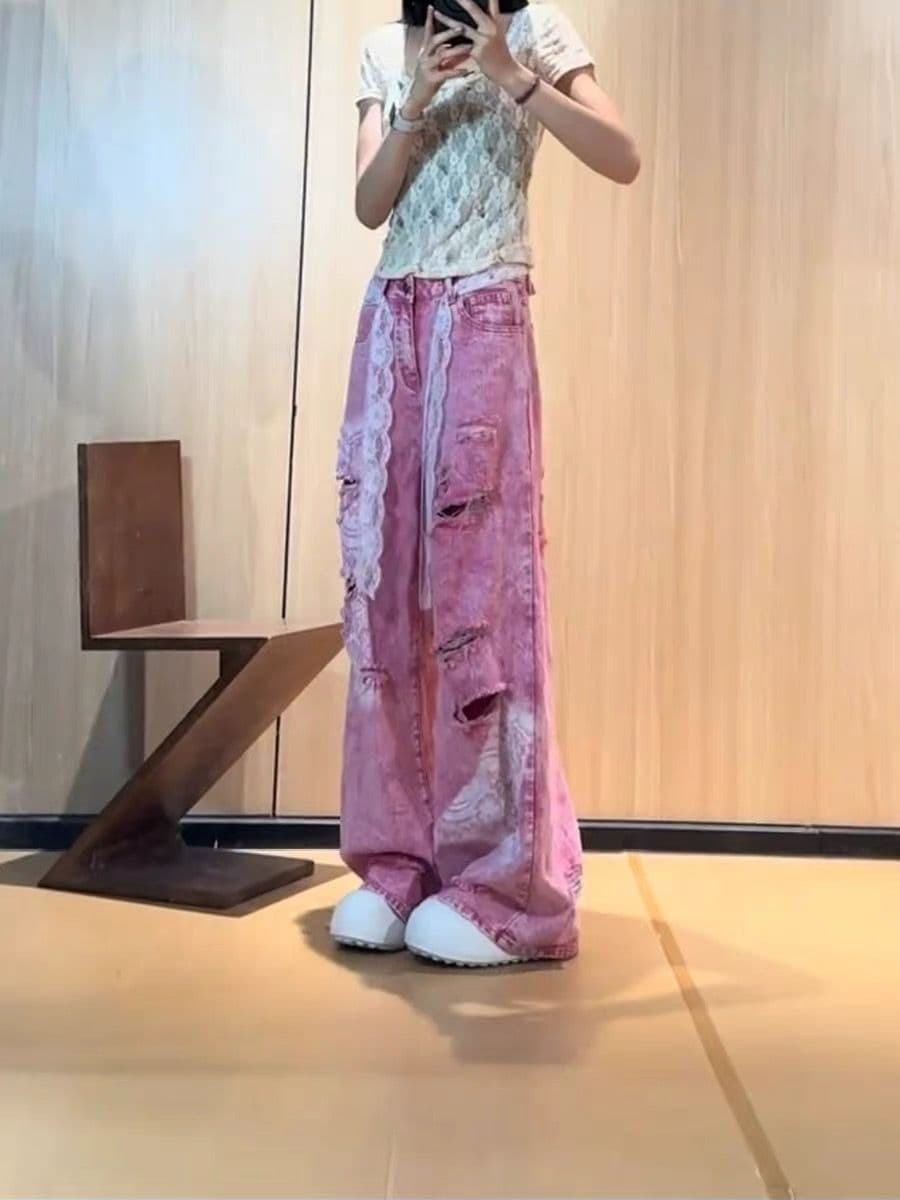 여름 새로운 레트로 핑크색 찢어진 부분 청바지 여성 하이웨이스트 루즈핏 와이드 레그 팬츠 캐주얼 다용도 여성 의류 상세 이미지 2