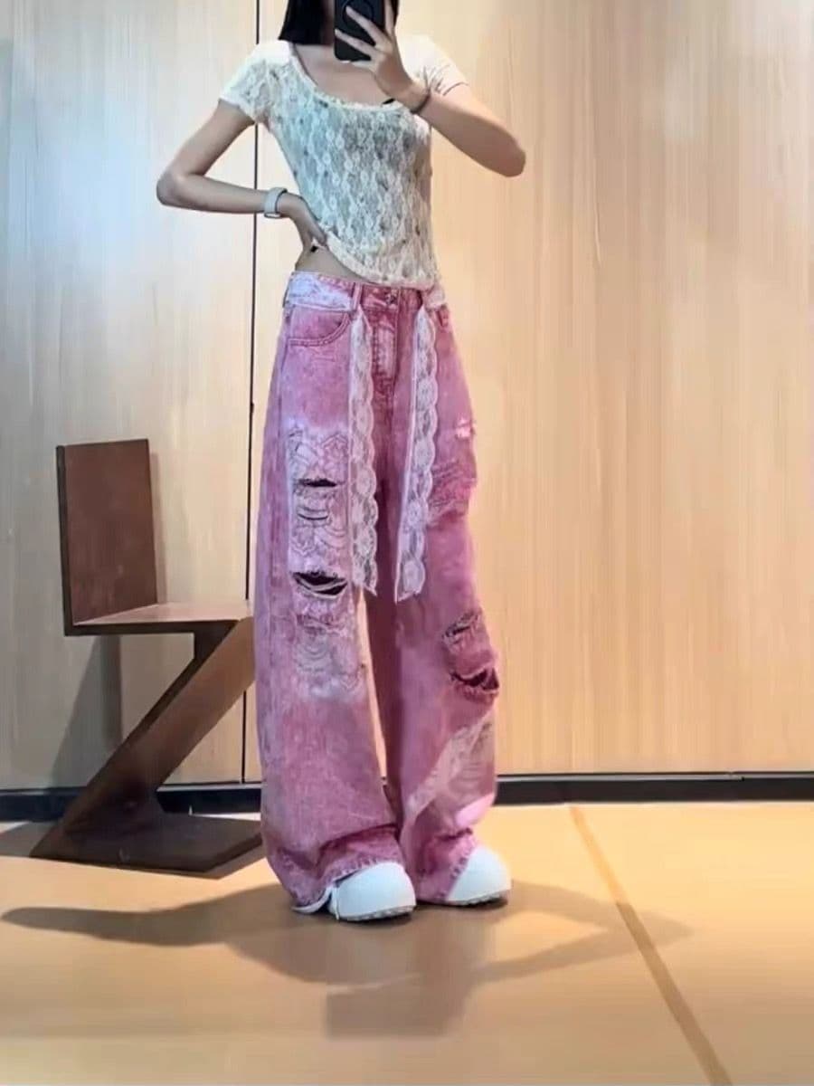 여름 새로운 레트로 핑크색 찢어진 부분 청바지 여성 하이웨이스트 루즈핏 와이드 레그 팬츠 캐주얼 다용도 여성 의류 상세 이미지 4
