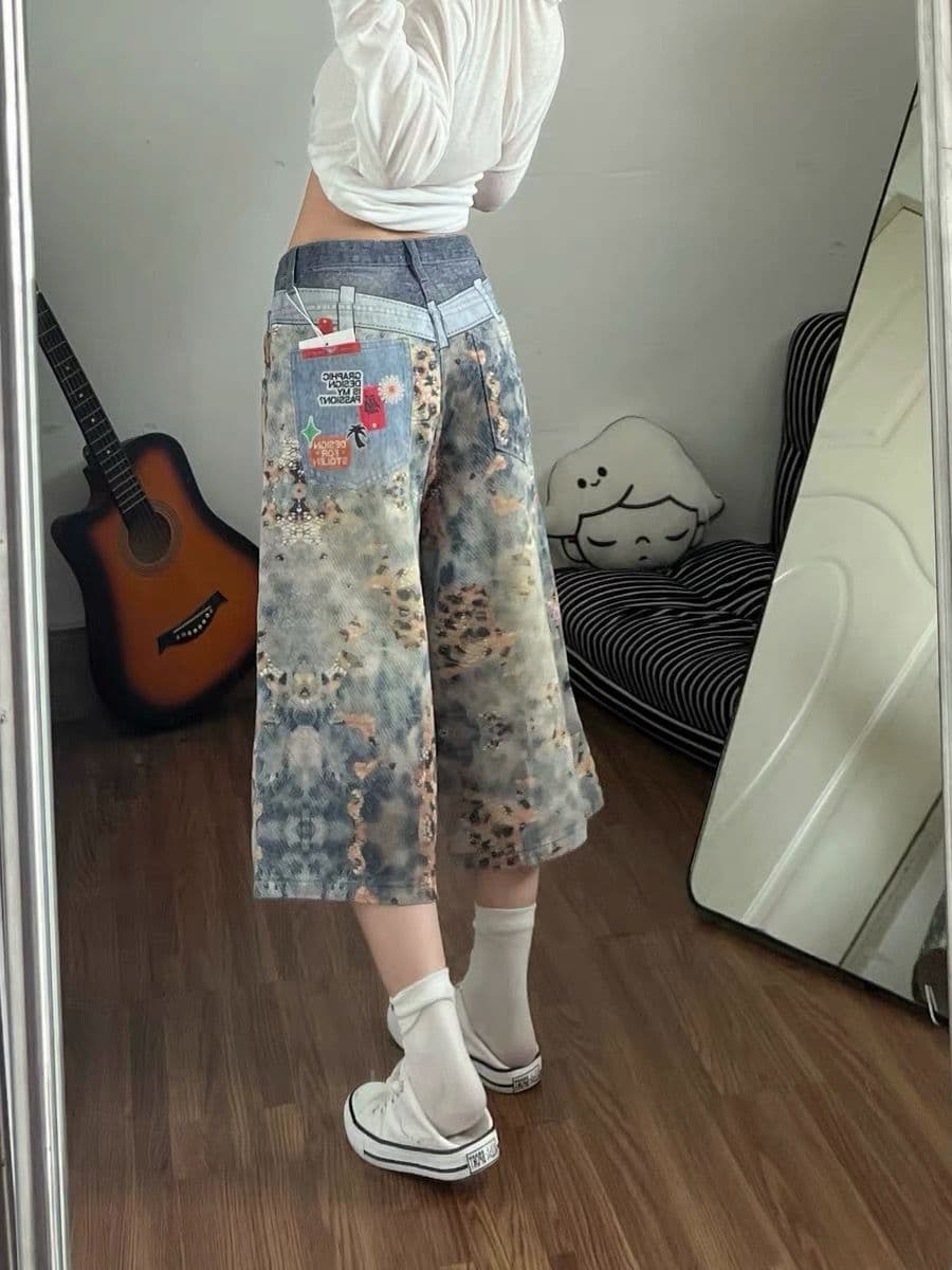 레트로 프린트 데님 7부 바지 바지 여자 2026 여름 새로운 루즈핏 bf 거리 넓은 다리가 짧다. 바지 바지 이미지 3