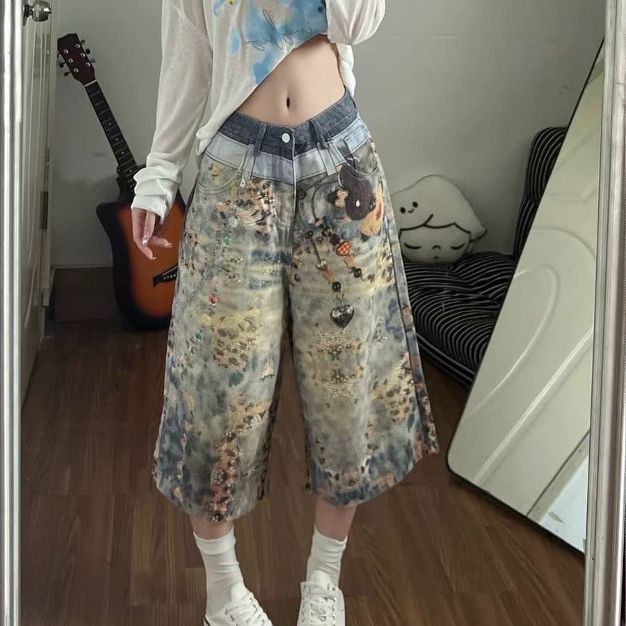 레트로 프린트 데님 7부 바지 바지 여자 2026 여름 새로운 루즈핏 bf 거리 넓은 다리가 짧다. 바지 바지 이미지 5