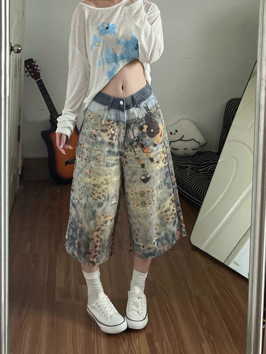 레트로 프린트 데님 7부 바지 바지 여자 2026 여름 새로운 루즈핏 bf 거리 넓은 다리가 짧다. 바지 바지 상세 이미지 2