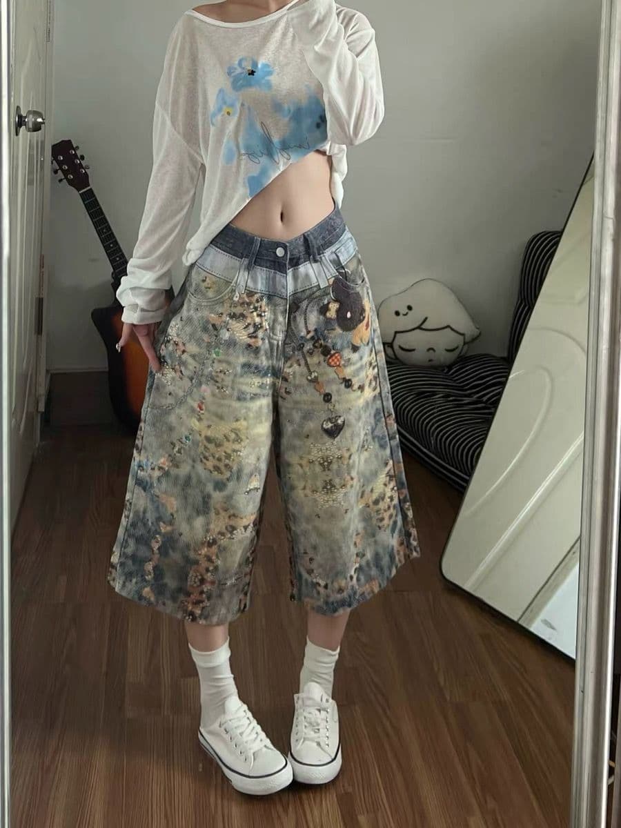 레트로 프린트 데님 7부 바지 바지 여자 2026 여름 새로운 루즈핏 bf 거리 넓은 다리가 짧다. 바지 바지 상세 이미지 4