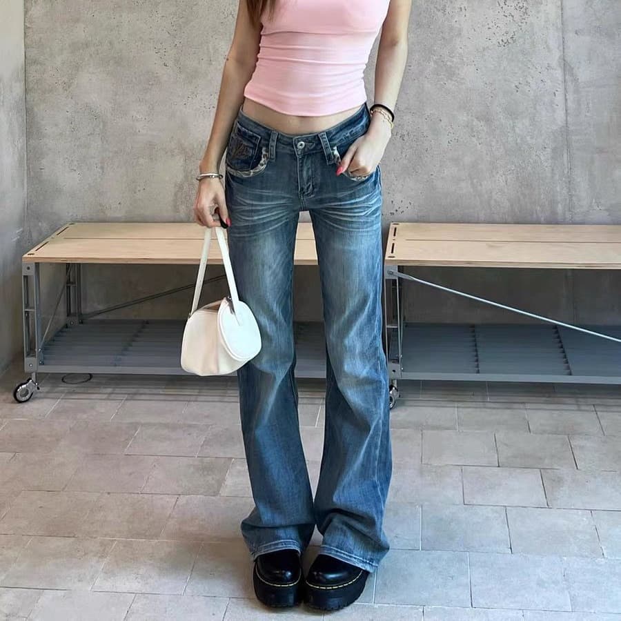 아메리칸 레트로 레오파드 무늬 패치워크 워싱 청바지 여성 디자인 센스 다용도 스트레이트 몸매 가꾸기 슬림해 보이는 긴 바지 이미지 5