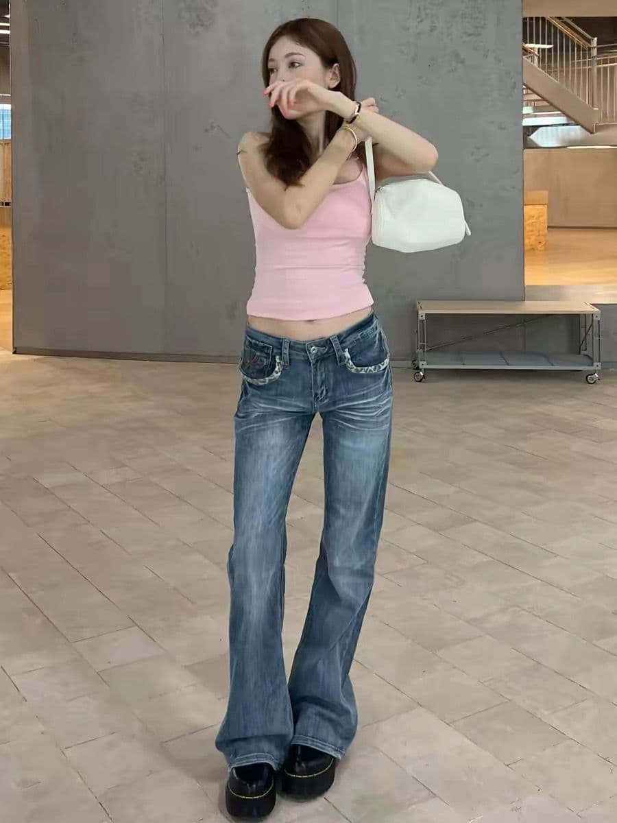 아메리칸 레트로 레오파드 무늬 패치워크 워싱 청바지 여성 디자인 센스 다용도 스트레이트 몸매 가꾸기 슬림해 보이는 긴 바지 상세 이미지 3