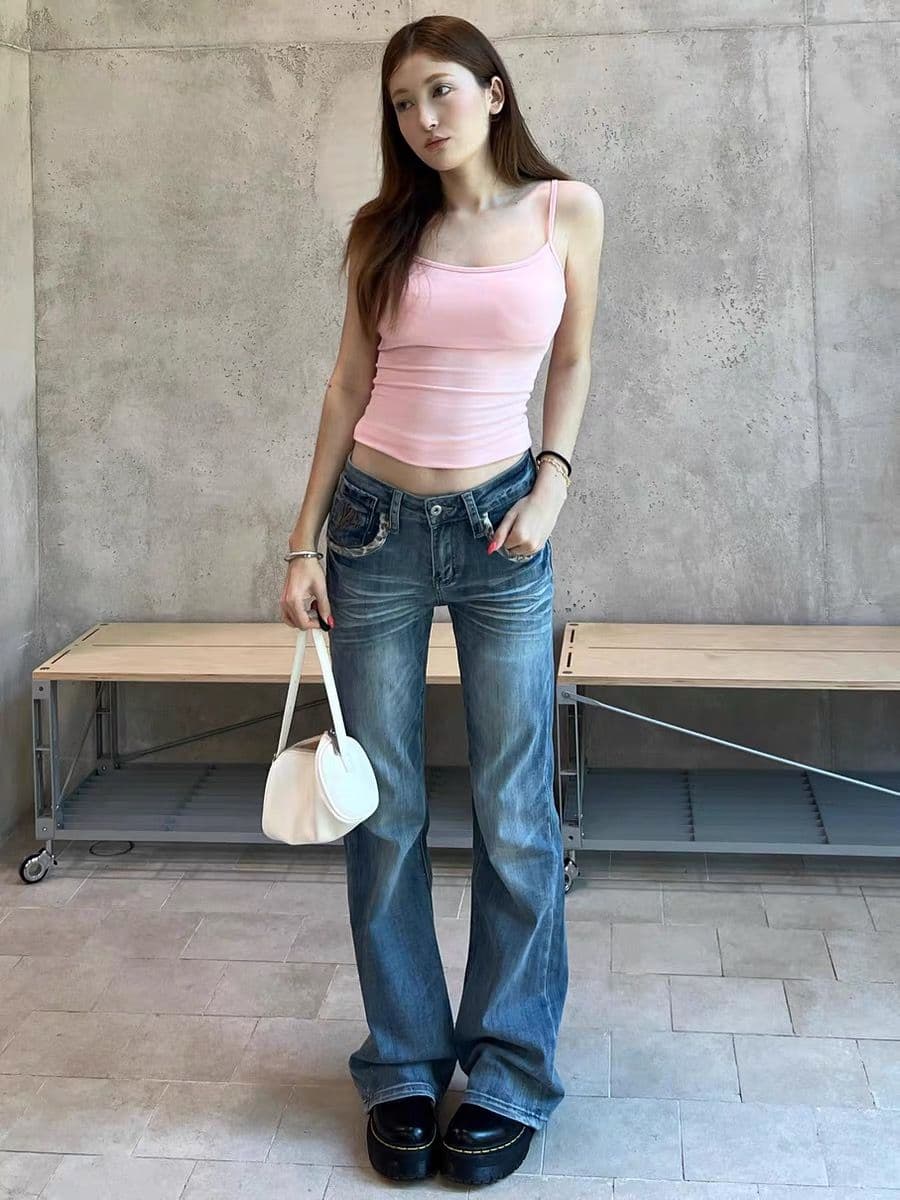 아메리칸 레트로 레오파드 무늬 패치워크 워싱 청바지 여성 디자인 센스 다용도 스트레이트 몸매 가꾸기 슬림해 보이는 긴 바지 상세 이미지 4
