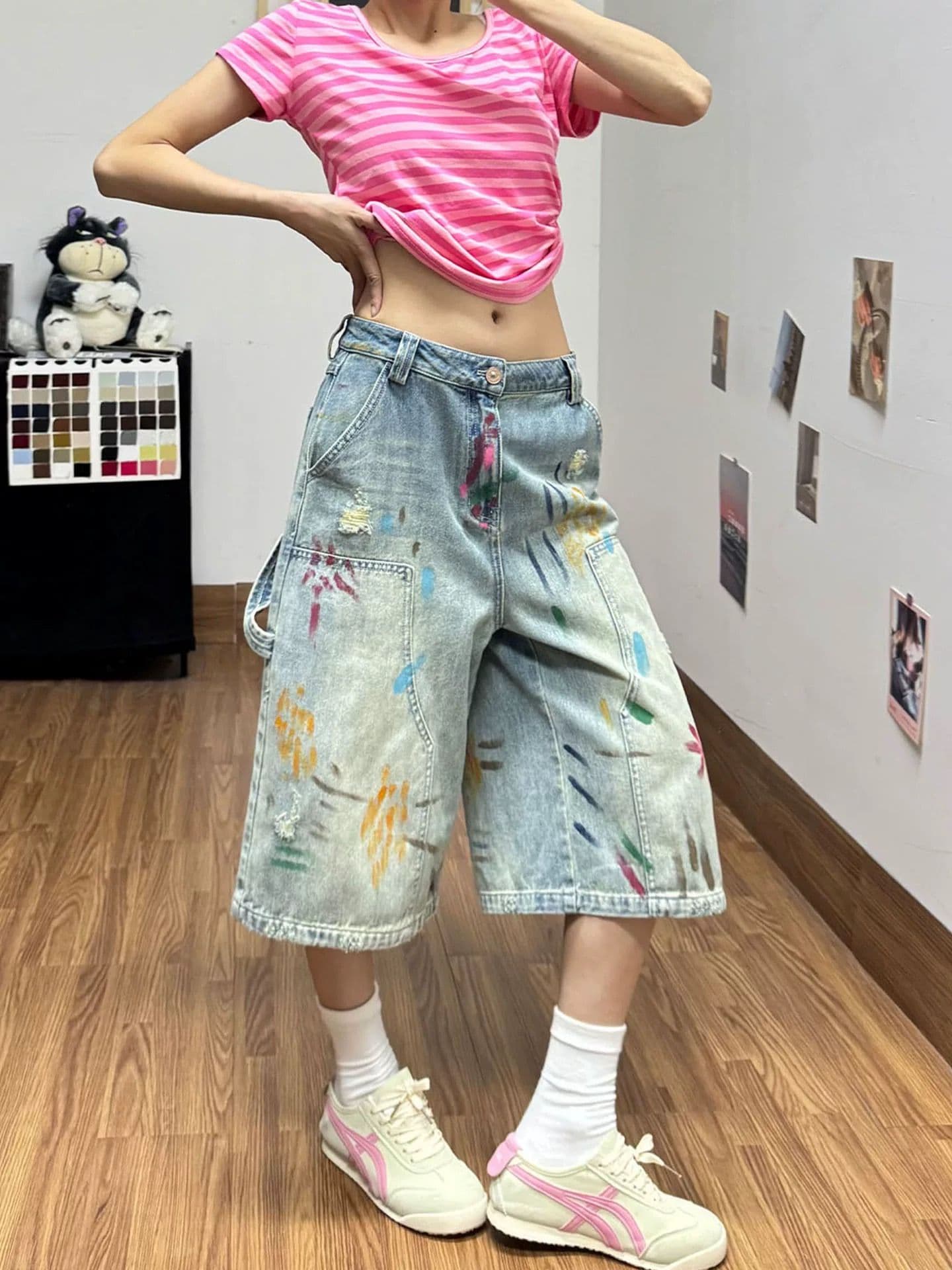 레트로 색상 수채화 낙서 7 점 청바지 바지 여자 2026 여름 새로운 루즈핏 슬림해 보이는 넓은 다리가 짧다. 바지 이미지 4