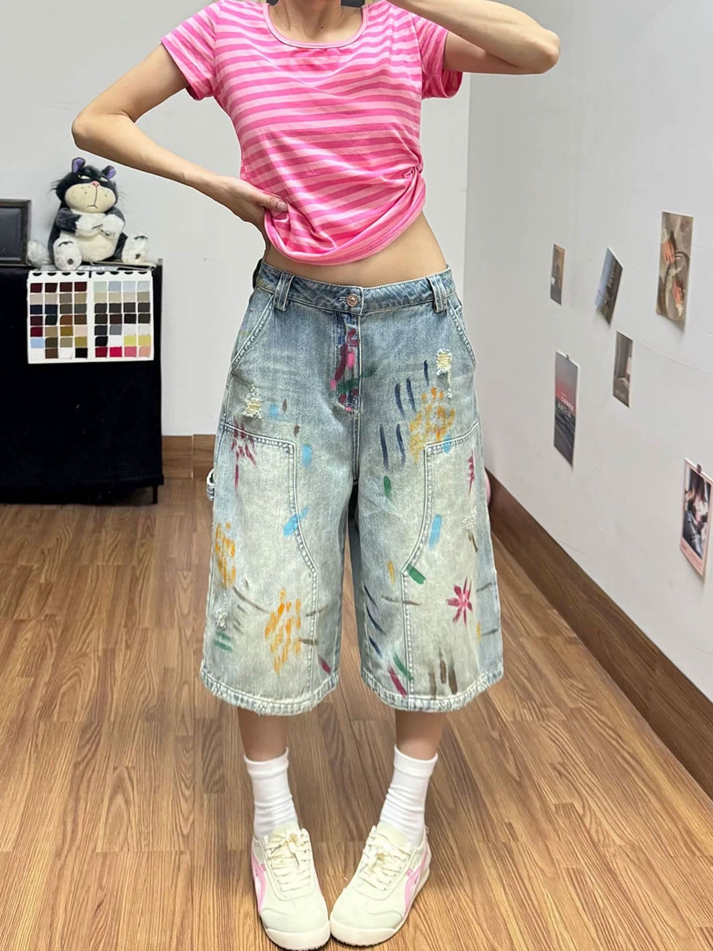 레트로 색상 수채화 낙서 7 점 청바지 바지 여자 2026 여름 새로운 루즈핏 슬림해 보이는 넓은 다리가 짧다. 바지 상세 이미지 4