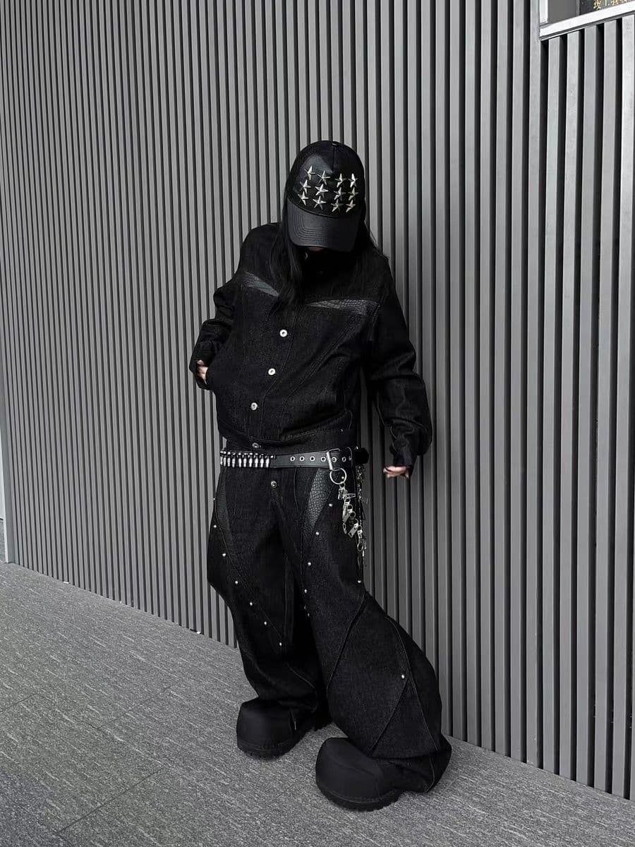 아메리칸 거리 해체 패치워크 PU 가죽 청바지 루즈핏 단추 징 원본 암소 바지 이미지 2