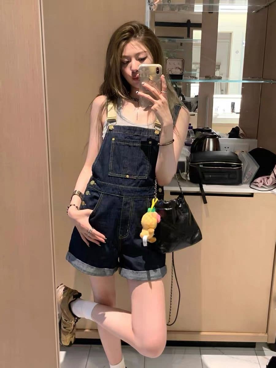 아메리칸 레트로 데님 멜빵 바지 여성 여름 얇은 스타일 작은 키 루즈핏 슬림해 보이는 연령 감소 학생 하이웨이스트 올인원 반바지