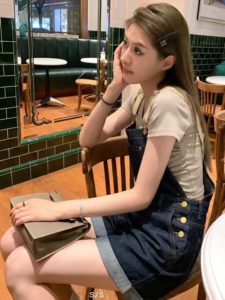 아메리칸 레트로 데님 멜빵 바지 여성 여름 얇은 스타일 작은 키 루즈핏 슬림해 보이는 연령 감소 학생 하이웨이스트 올인원 반바지 이미지 4