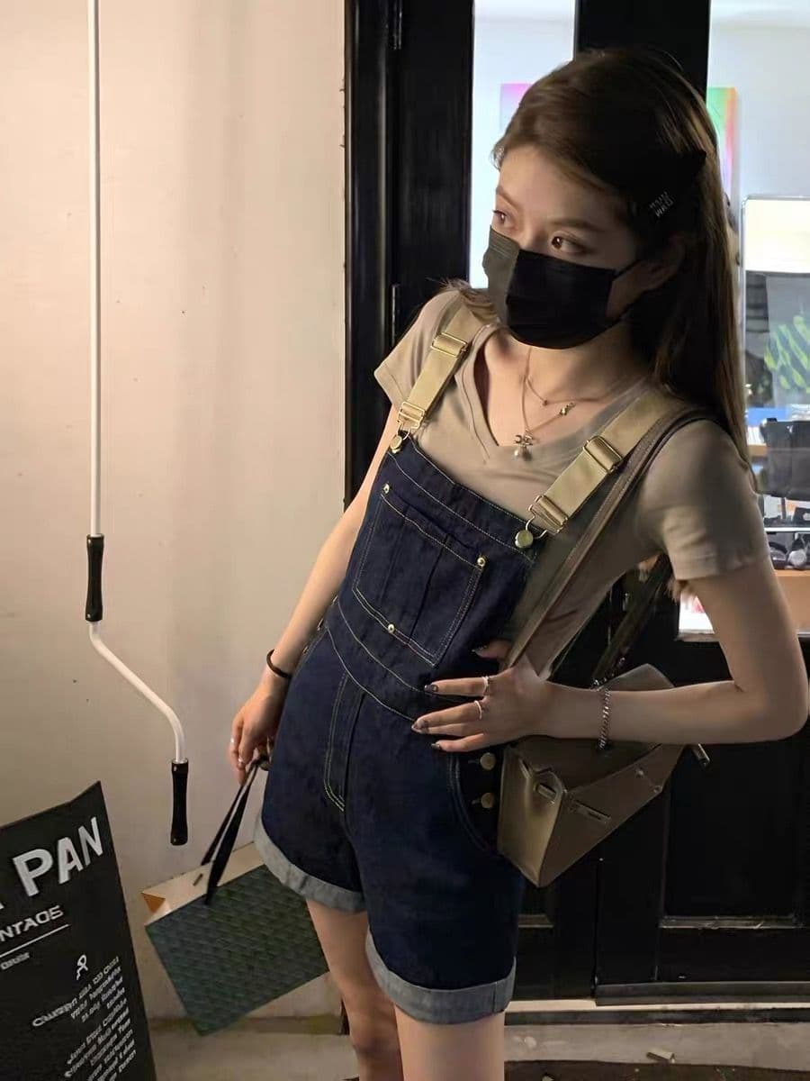 아메리칸 레트로 데님 멜빵 바지 여성 여름 얇은 스타일 작은 키 루즈핏 슬림해 보이는 연령 감소 학생 하이웨이스트 올인원 반바지 상세 이미지 4