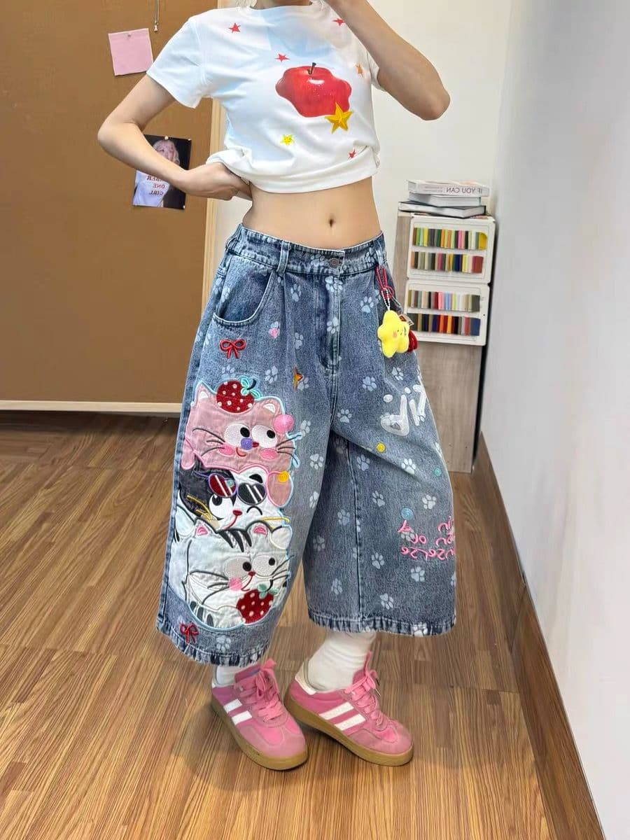 만화 고양이 프린트 7부 바지 청바지 바지 여자 2026 여름 새로운 루즈핏 캐주얼 넓은 다리가 짧다. 바지 이미지 3