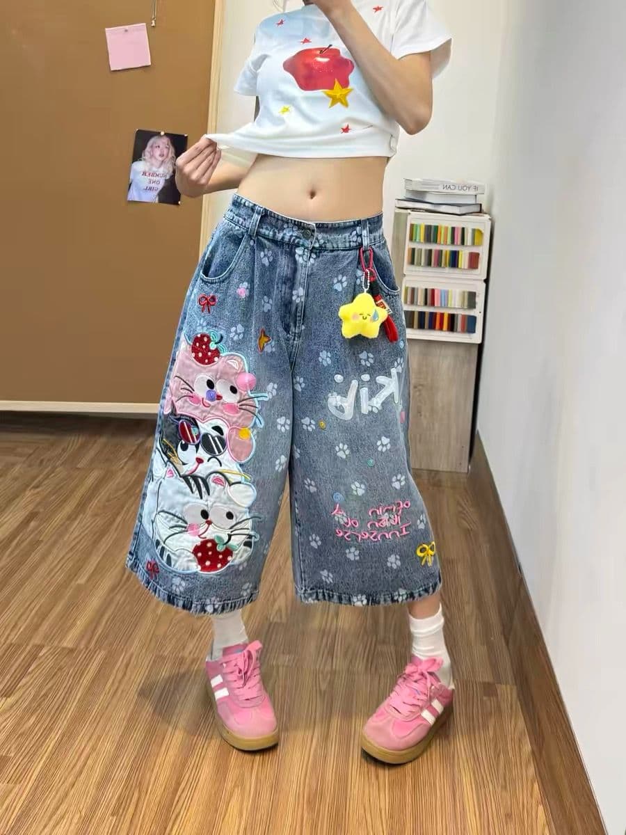 만화 고양이 프린트 7부 바지 청바지 바지 여자 2026 여름 새로운 루즈핏 캐주얼 넓은 다리가 짧다. 바지