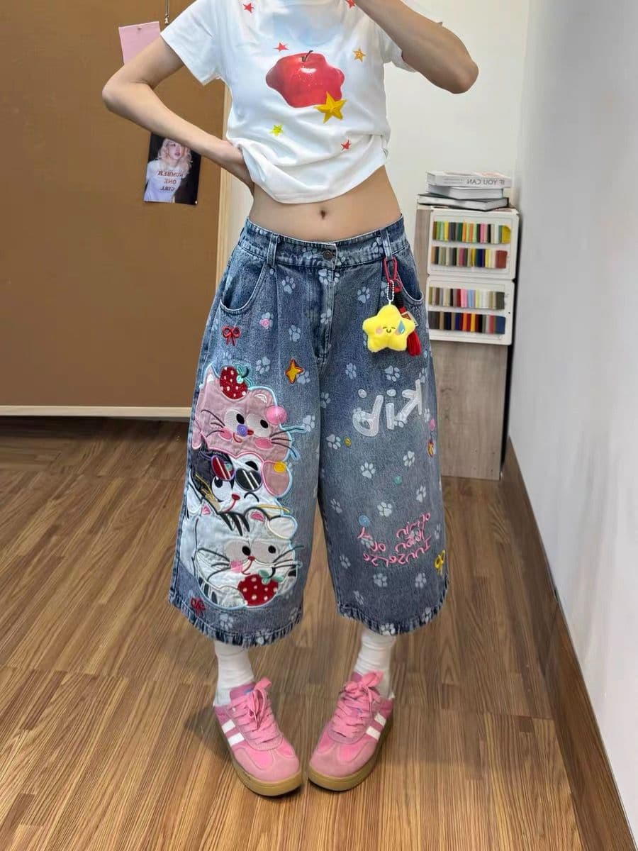 만화 고양이 프린트 7부 바지 청바지 바지 여자 2026 여름 새로운 루즈핏 캐주얼 넓은 다리가 짧다. 바지 상세 이미지 1