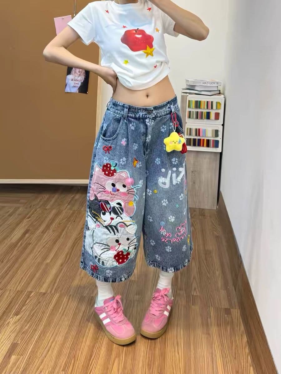 만화 고양이 프린트 7부 바지 청바지 바지 여자 2026 여름 새로운 루즈핏 캐주얼 넓은 다리가 짧다. 바지 상세 이미지 4