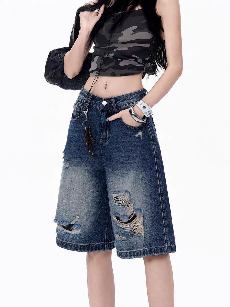 아메리칸 레트로 찢어진 부분 넓은 다리 청바지 여성 2026 여름 루즈핏 슬림해 보이는 오부 바지 높음 거리 바람 얇은 스타일 6 점 상세 이미지 3
