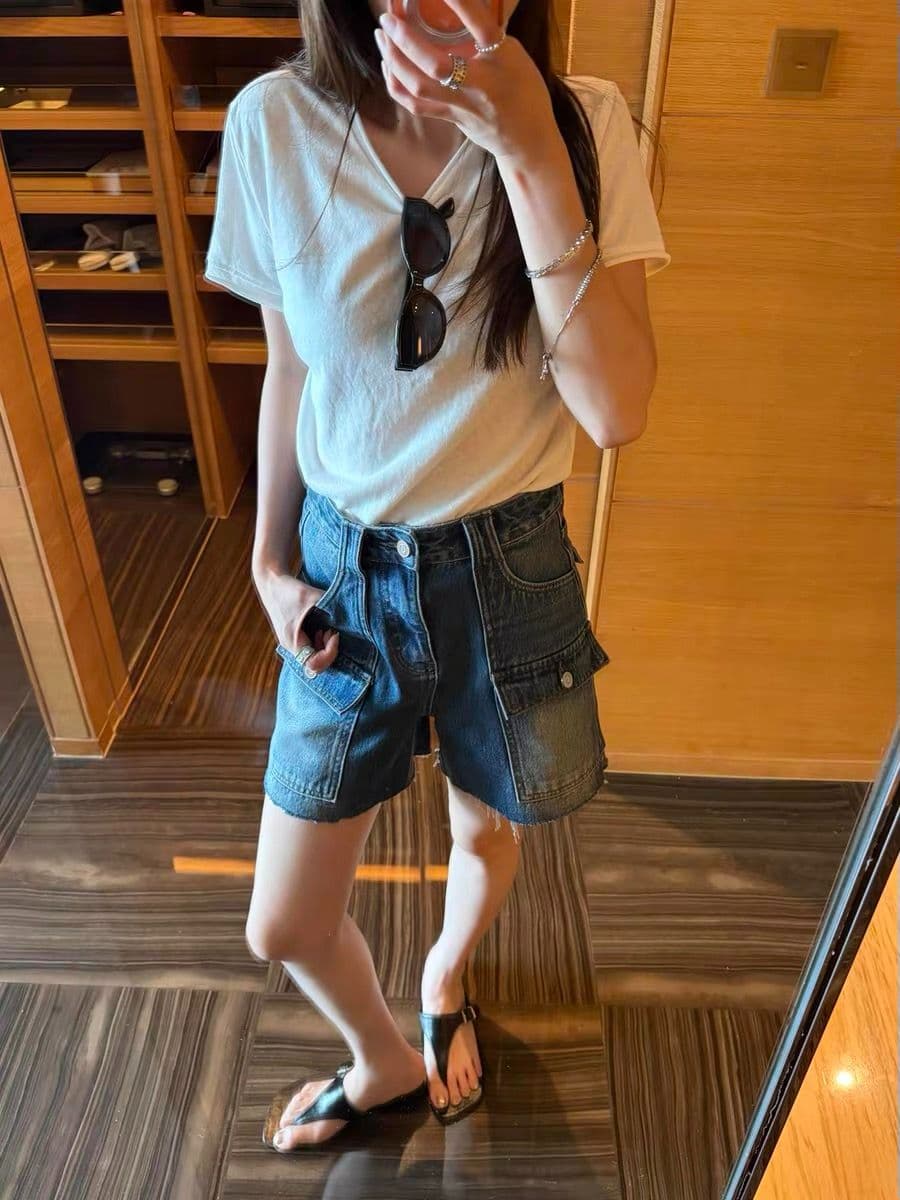 아메리칸 레트로 워크웨어 기타 주머니 5 점 청바지 여성 여름 새로운 하이웨이스트 루즈핏 슬림해 보이는 작은 키 바지 상세 이미지 5