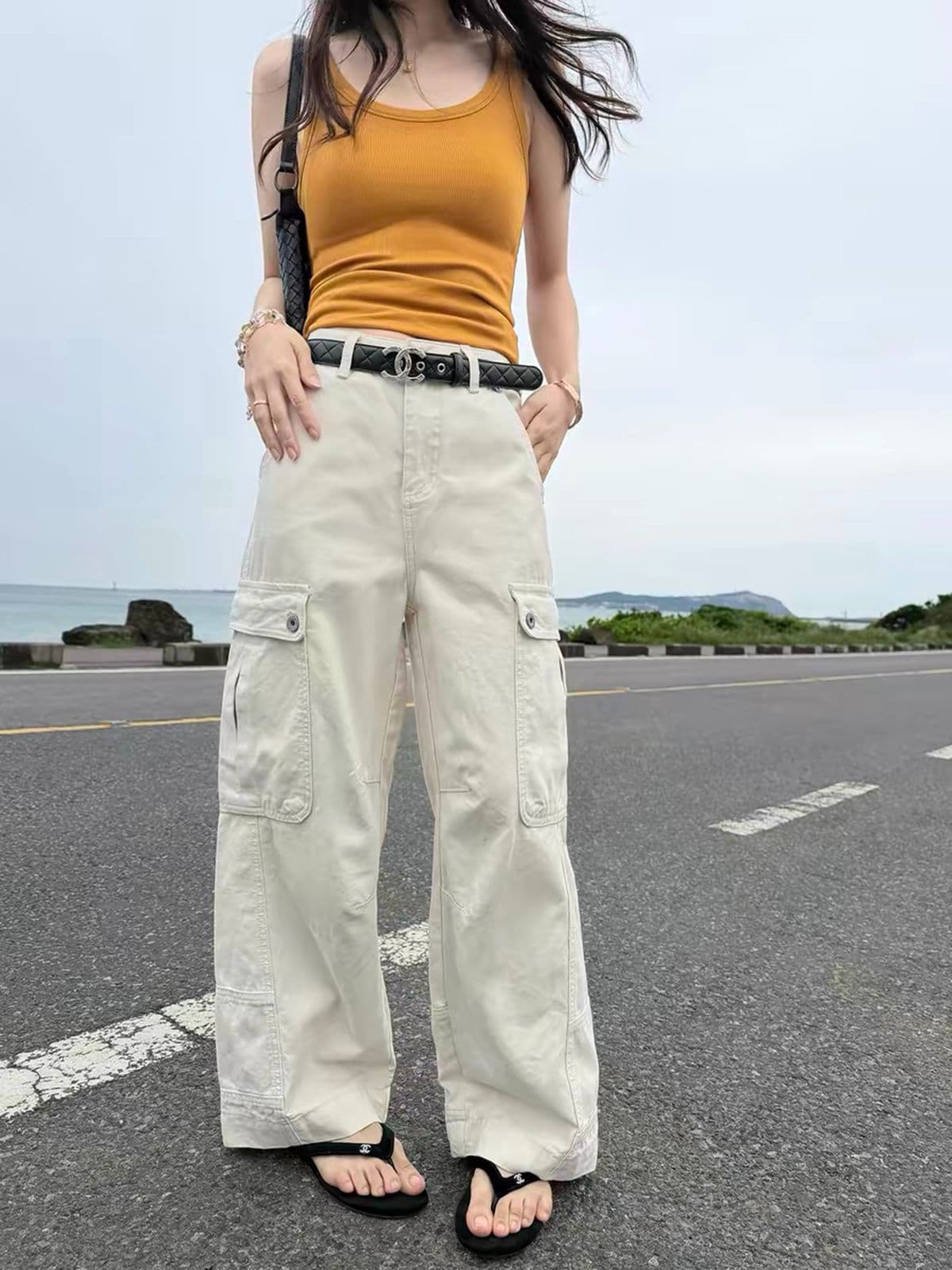 워크웨어 캐주얼 바지 여성 2026 새로운 한국 스타일 넓은 다리 스트레이트 여름 자이언트 잘 생긴 ~ 중 얇은 바지