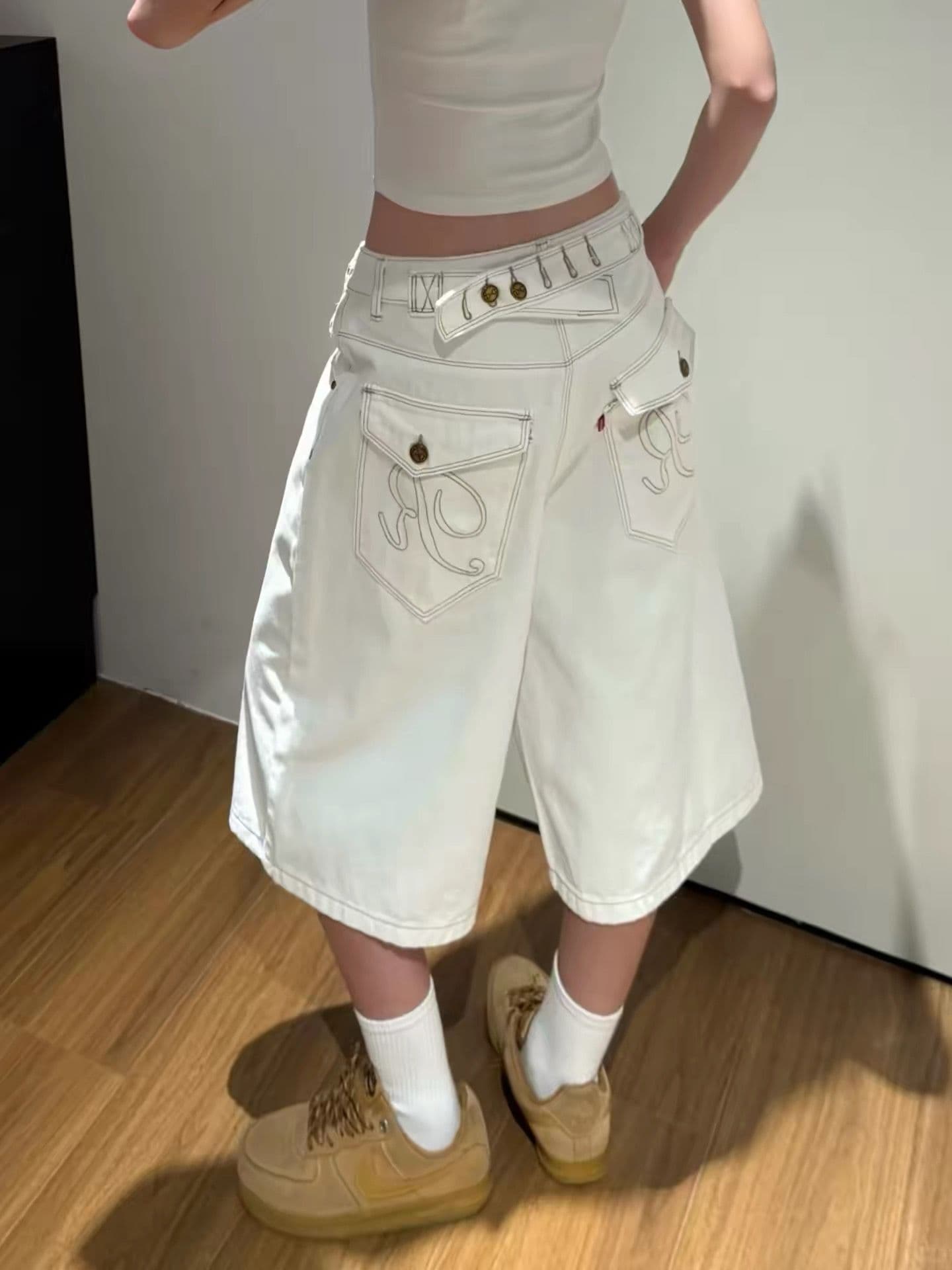아메리칸 레트로 파리 버클 원본 암소 데님 7부 바지 여름 남녀 루즈핏 캐주얼 디자인 센스 넓은 다리가 짧다. 바지