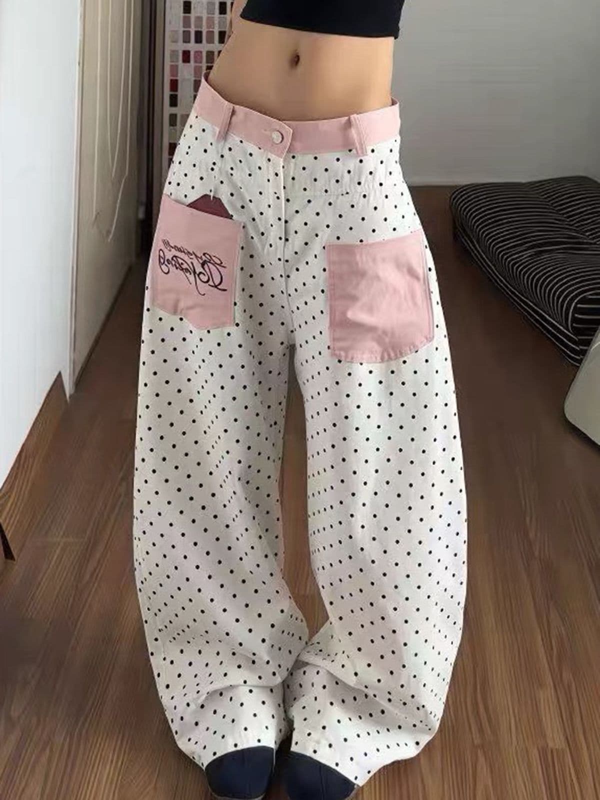 배색 싸움 전체 인쇄 도트 무늬 모통이 칼 캐주얼 바지 여성 아메리칸 레트로 루즈핏 슬림해 보이는 다용도 넓은 다리 길이 바지 상세 이미지 3