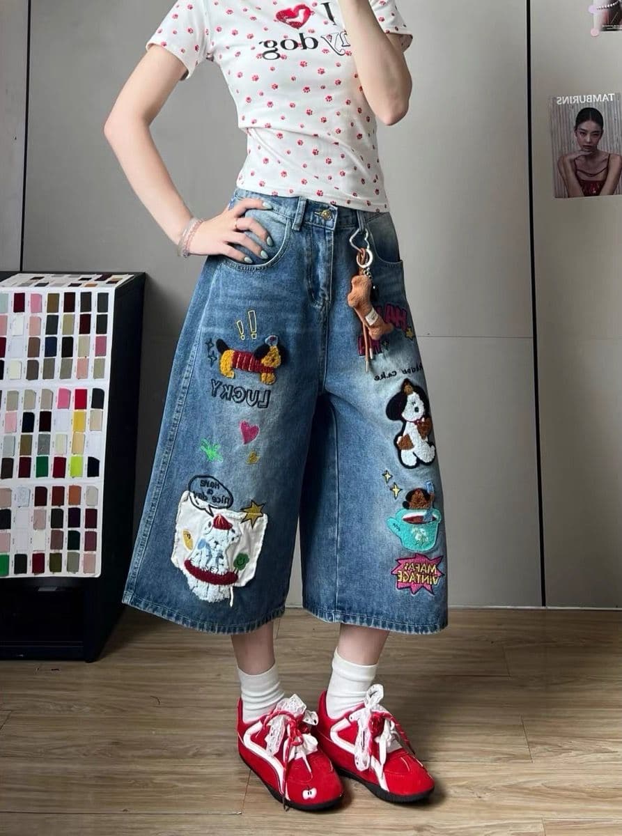 아메리칸 레트로 강아지 자수 청바지 여성 여름 달콤한 차가운 바람 연령 감소 만화 재미있는 워싱 루즈핏 와이드 레그 팬츠 이미지 2
