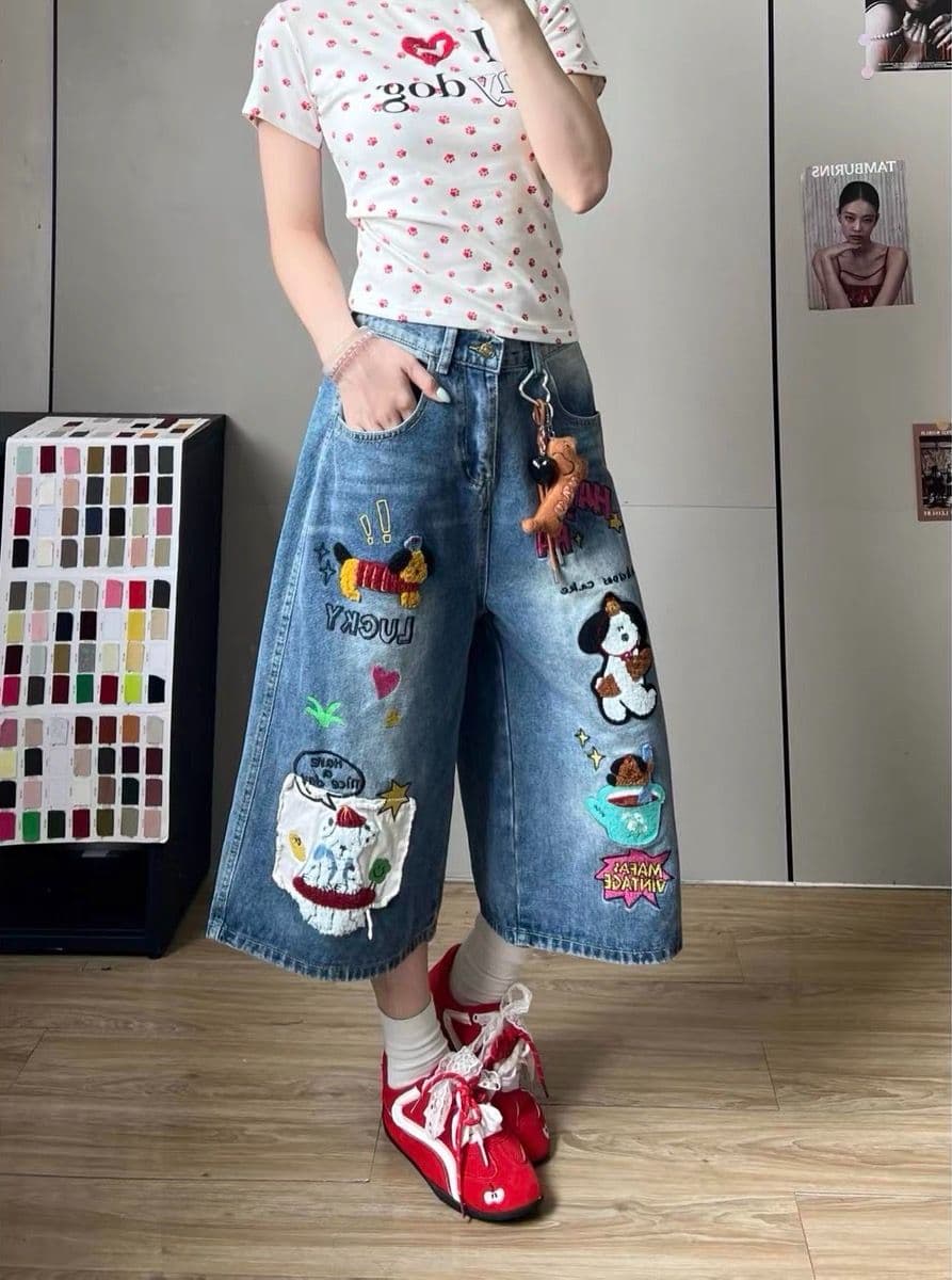 아메리칸 레트로 강아지 자수 청바지 여성 여름 달콤한 차가운 바람 연령 감소 만화 재미있는 워싱 루즈핏 와이드 레그 팬츠 상세 이미지 3
