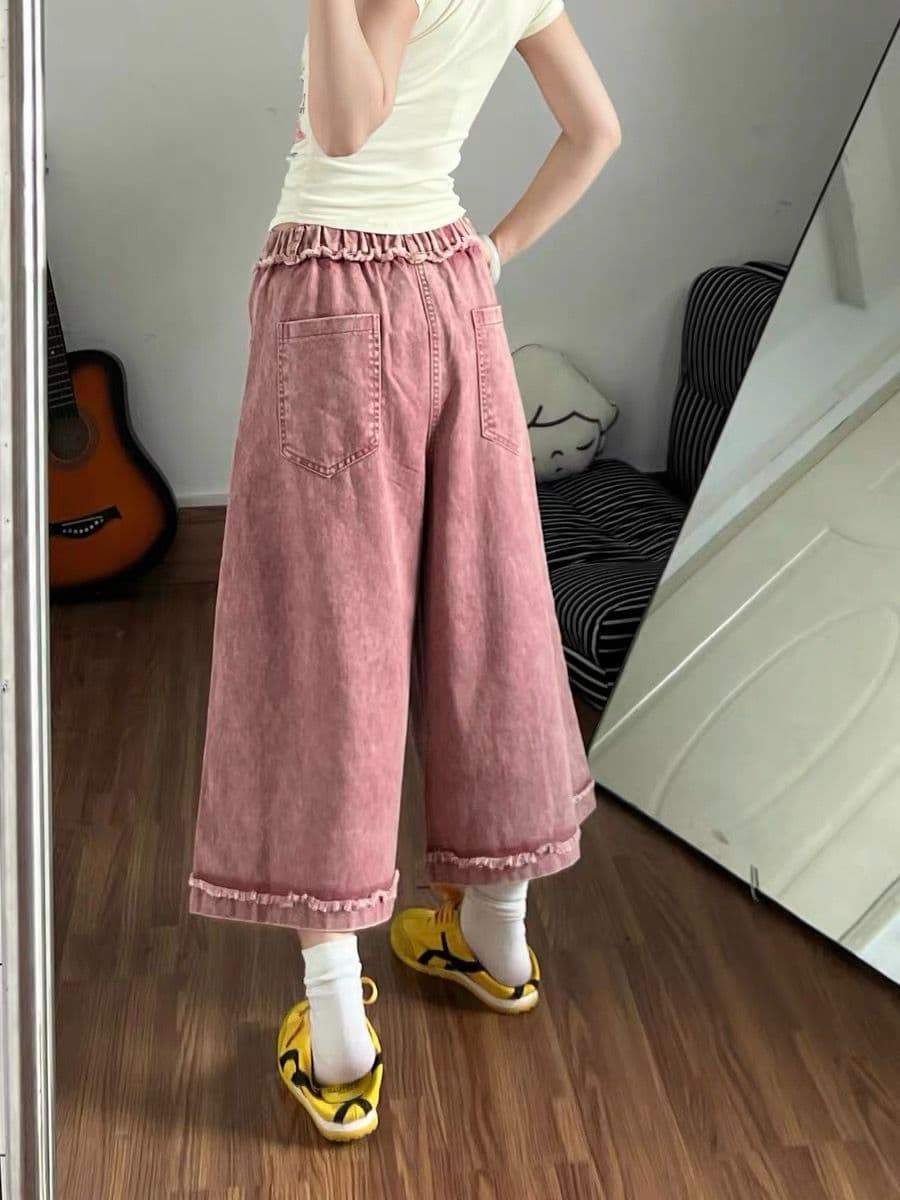 자이언트 잘 생긴 ~ 중 7부 바지 여성 여름 아메리칸 레트로 만화 자수 데님 트렌드 루즈핏 넓은 다리 캐주얼 반바지 이미지 4