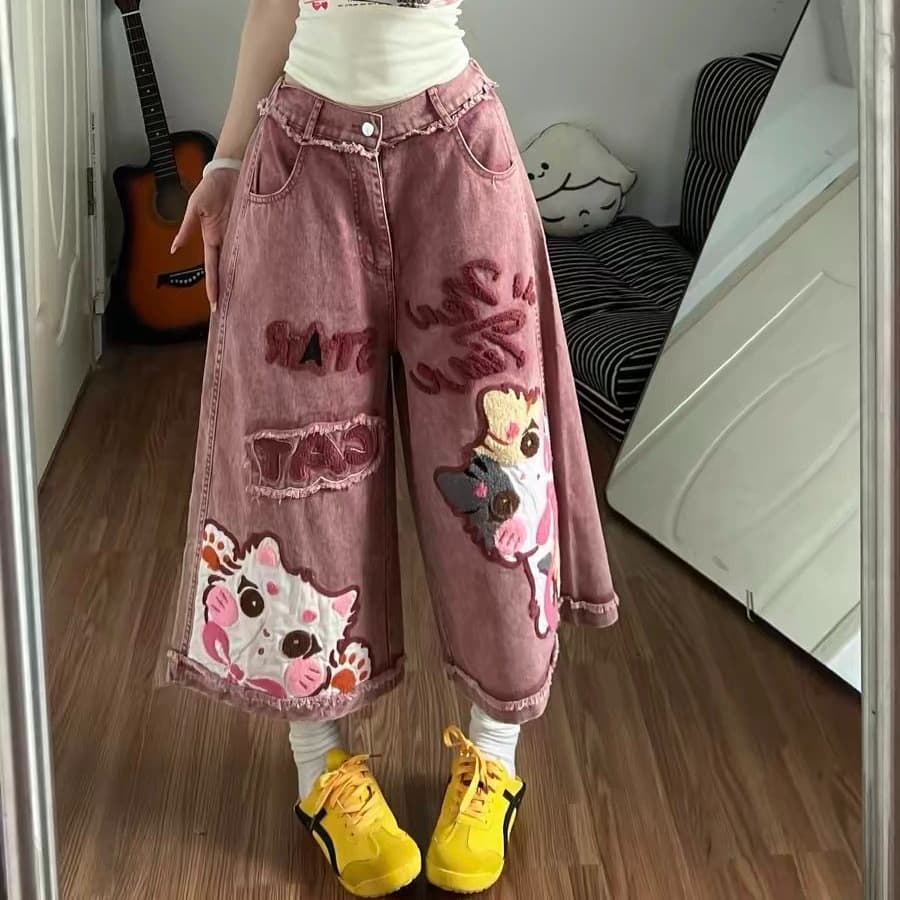 자이언트 잘 생긴 ~ 중 7부 바지 여성 여름 아메리칸 레트로 만화 자수 데님 트렌드 루즈핏 넓은 다리 캐주얼 반바지 이미지 5