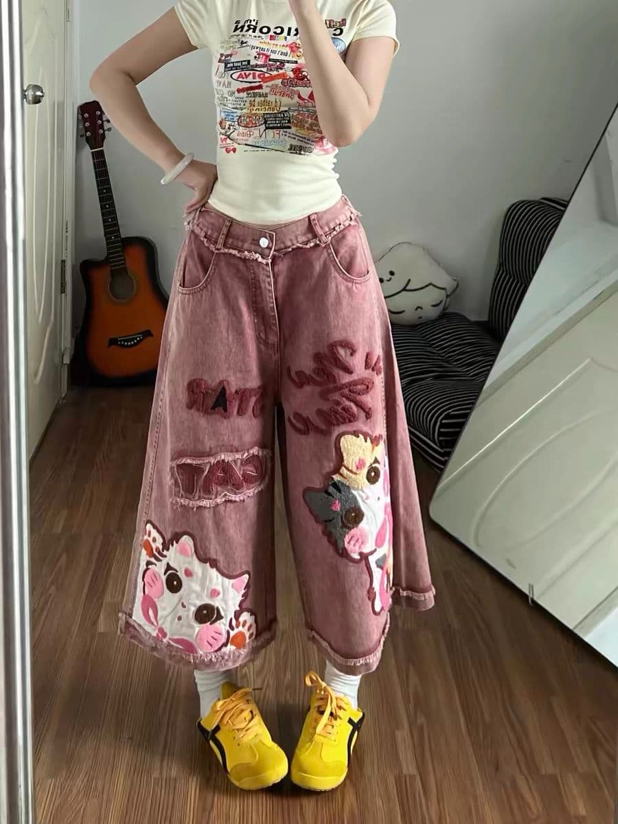 자이언트 잘 생긴 ~ 중 7부 바지 여성 여름 아메리칸 레트로 만화 자수 데님 트렌드 루즈핏 넓은 다리 캐주얼 반바지 상세 이미지 1