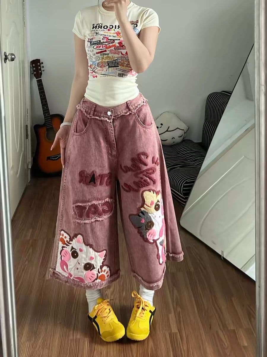 자이언트 잘 생긴 ~ 중 7부 바지 여성 여름 아메리칸 레트로 만화 자수 데님 트렌드 루즈핏 넓은 다리 캐주얼 반바지 상세 이미지 2