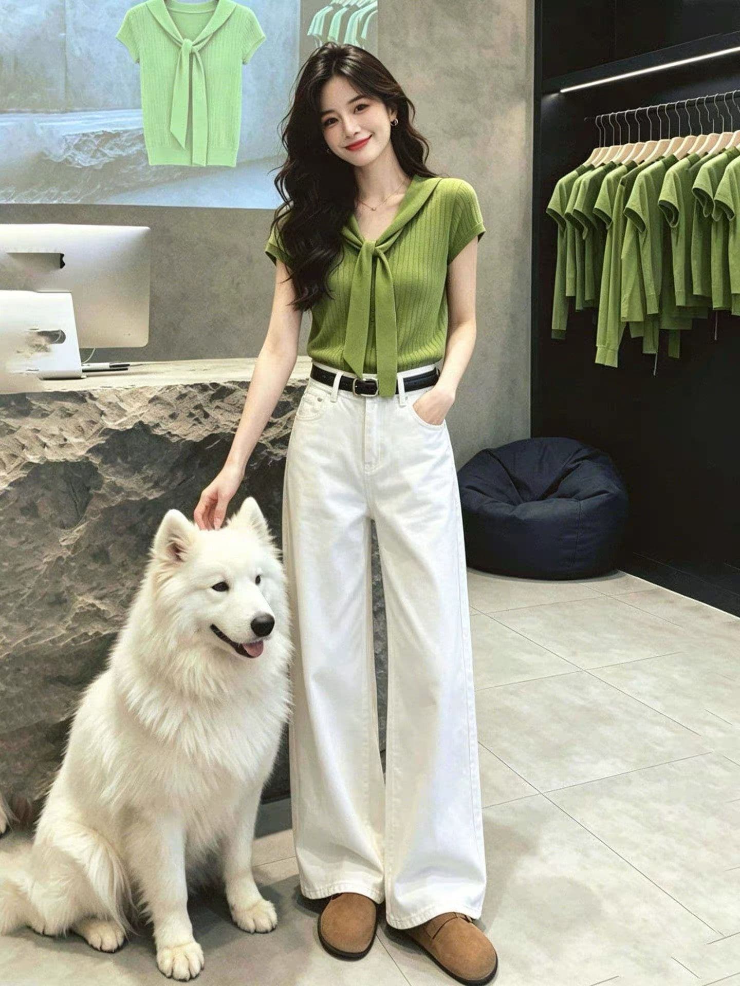 여름 전체 집합 ootd 착용 가져 가라. 품격 출퇴근 몸매 가꾸기 슬림해 보이는 녹색 페이크 레이어드 반팔 니트 스웨터 세트 바지 이미지 4