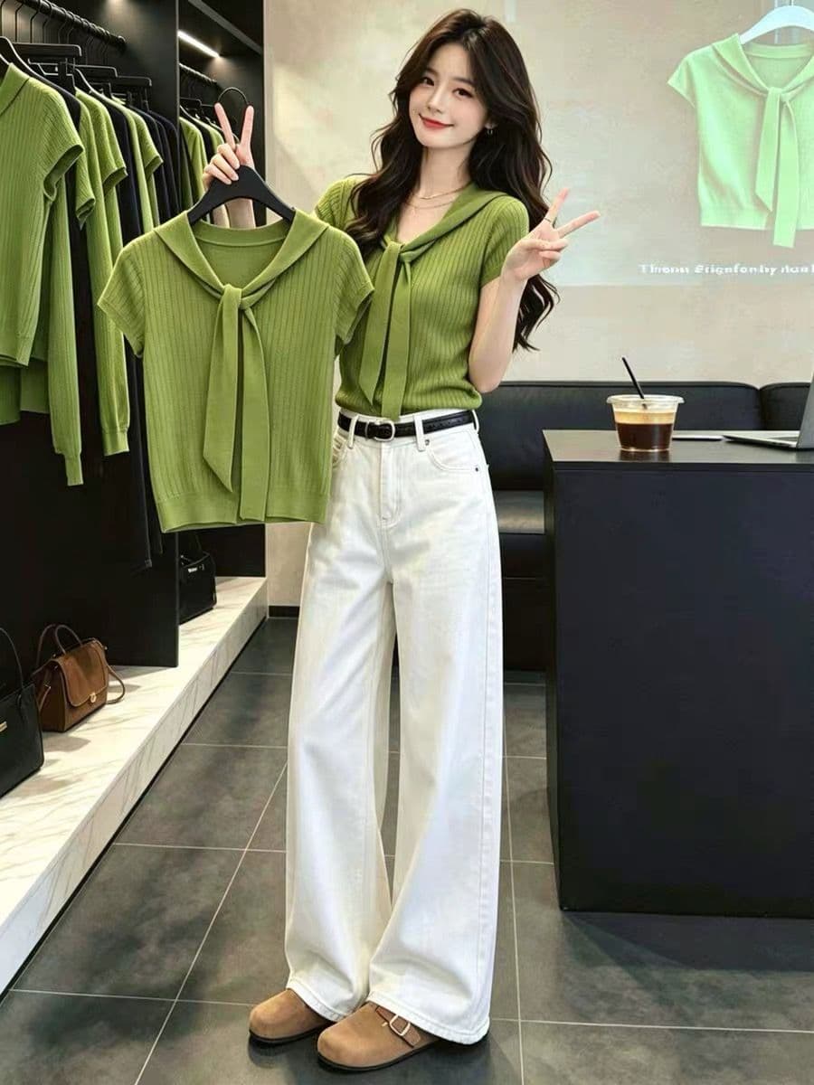 여름 전체 집합 ootd 착용 가져 가라. 품격 출퇴근 몸매 가꾸기 슬림해 보이는 녹색 페이크 레이어드 반팔 니트 스웨터 세트 바지 이미지 3