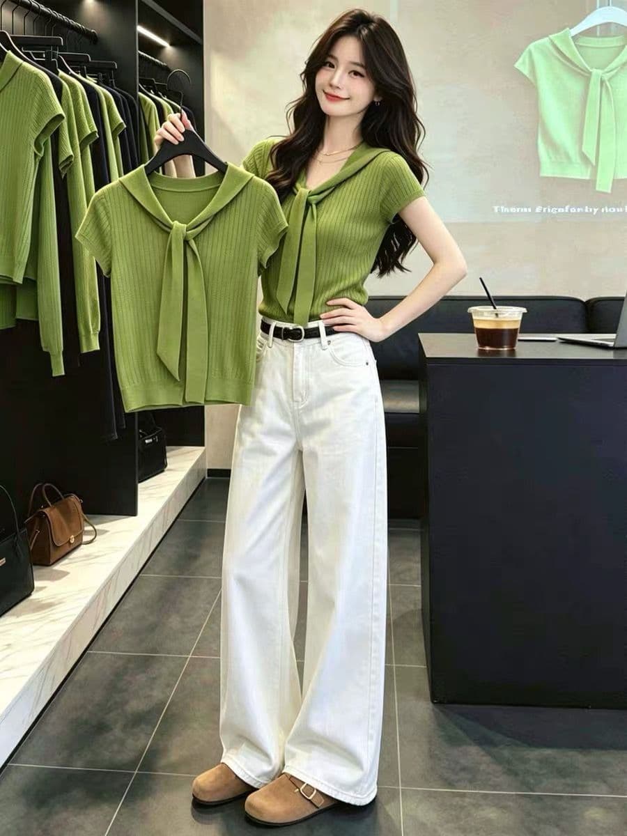 여름 전체 집합 ootd 착용 가져 가라. 품격 출퇴근 몸매 가꾸기 슬림해 보이는 녹색 페이크 레이어드 반팔 니트 스웨터 세트 바지 상세 이미지 2