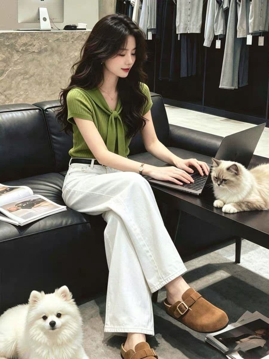 여름 전체 집합 ootd 착용 가져 가라. 품격 출퇴근 몸매 가꾸기 슬림해 보이는 녹색 페이크 레이어드 반팔 니트 스웨터 세트 바지 상세 이미지 3