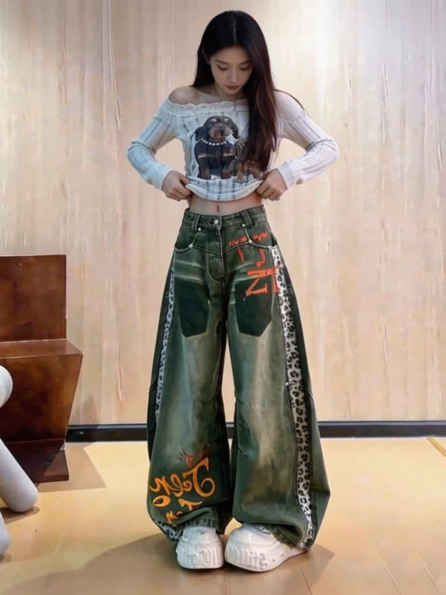 2026 새로운 아메리칸 레트로 프린트 넓은 다리 청바지 여성 하이웨이스트 슬림해 보이는 모통이 칼 바지 디자인 센스 긴 바지 이미지 4