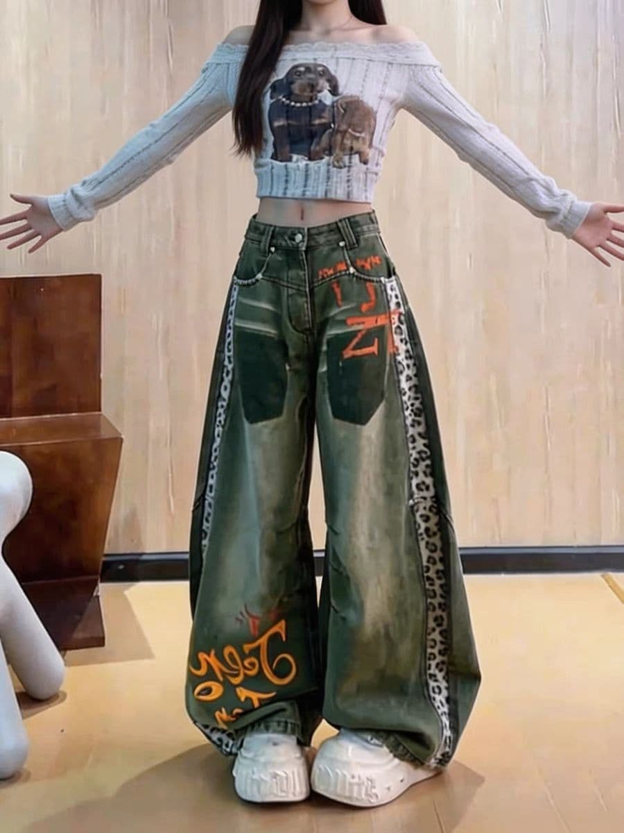2026 새로운 아메리칸 레트로 프린트 넓은 다리 청바지 여성 하이웨이스트 슬림해 보이는 모통이 칼 바지 디자인 센스 긴 바지 상세 이미지 4