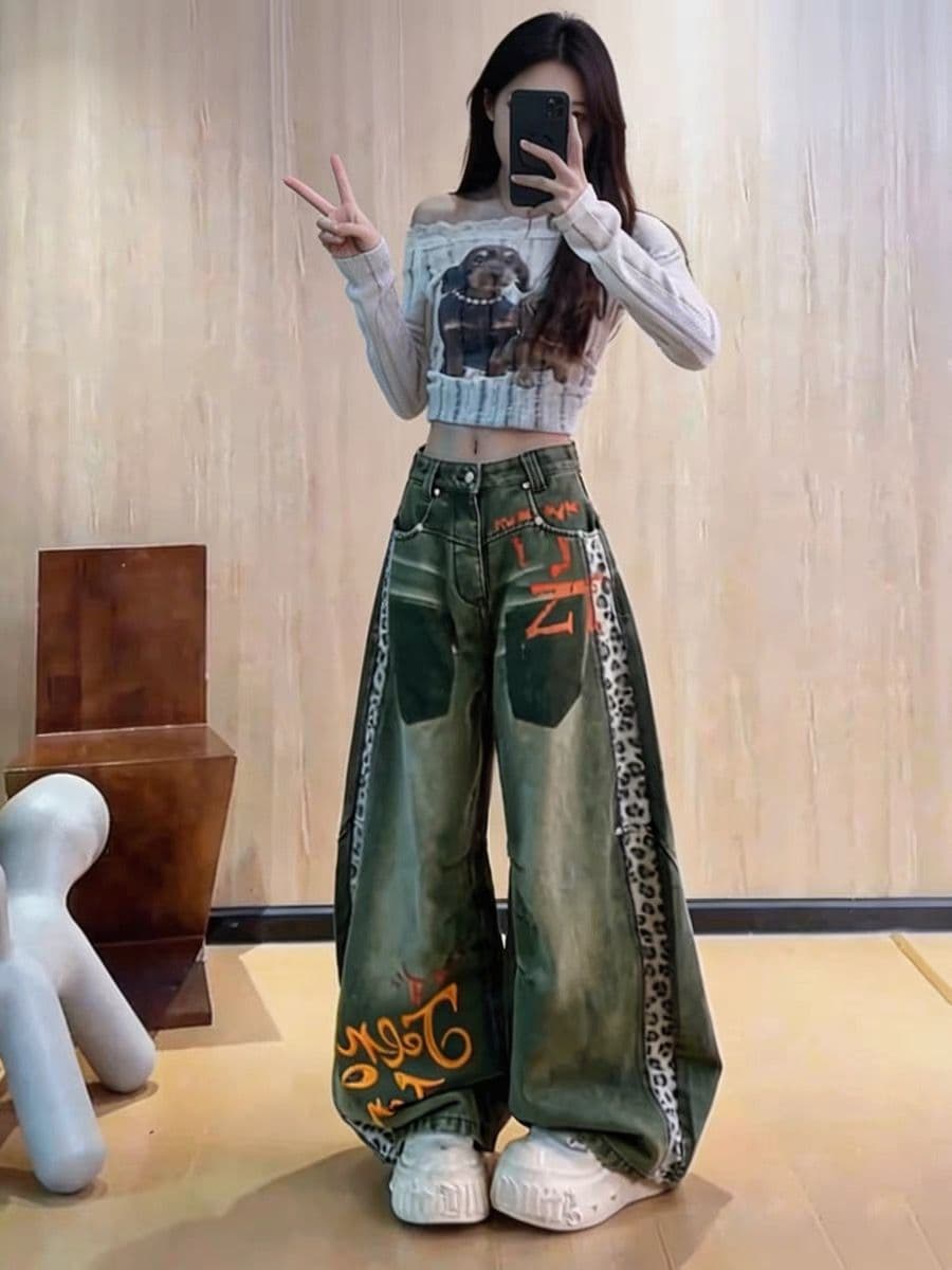 2026 새로운 아메리칸 레트로 프린트 넓은 다리 청바지 여성 하이웨이스트 슬림해 보이는 모통이 칼 바지 디자인 센스 긴 바지 상세 이미지 5