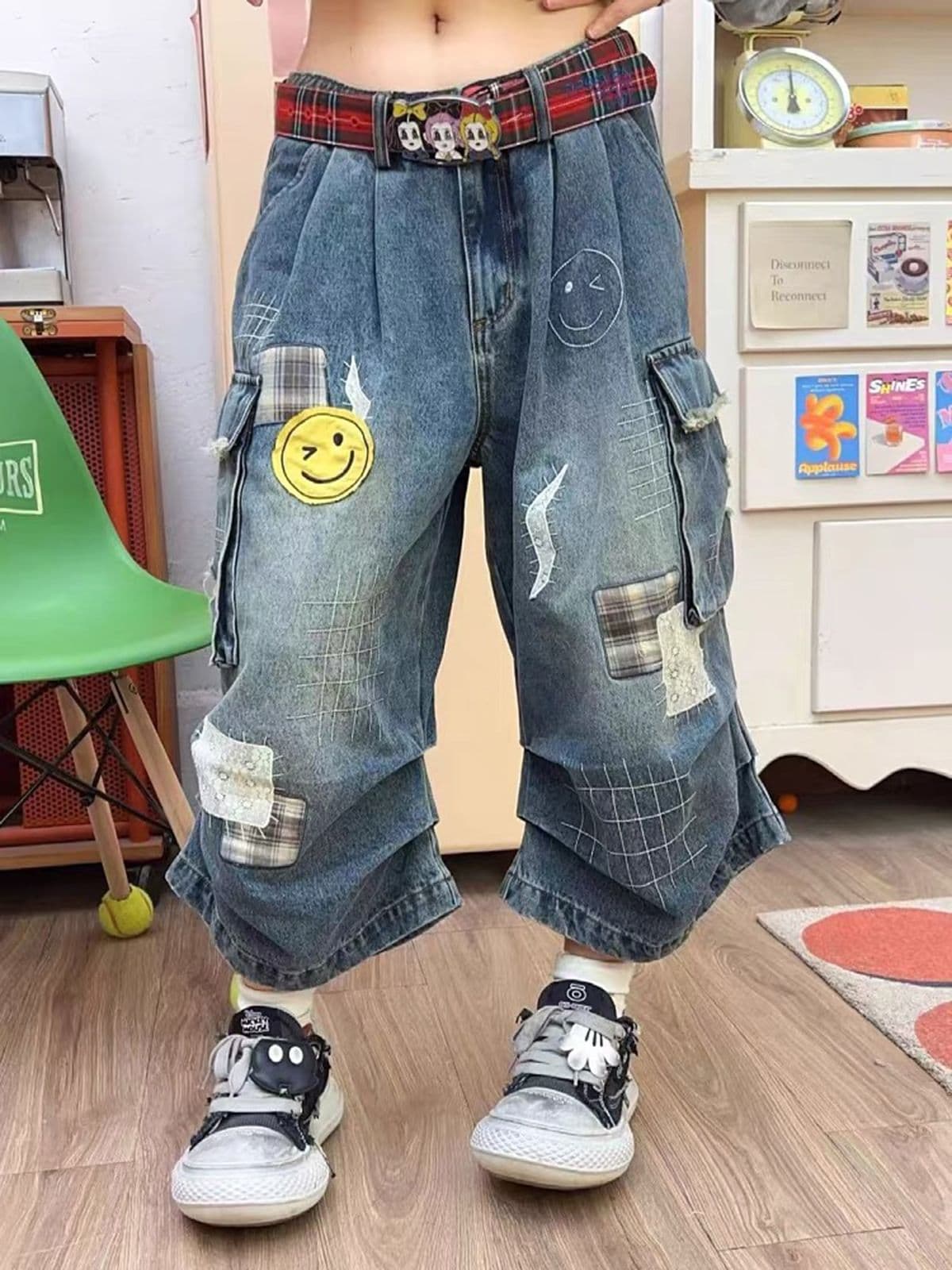 아메리칸 레트로 웃는 얼굴 패치 프린트 데님 7부 바지 남녀 디자인 센스 빅 포켓 마 오래된 워크웨어 팬츠 상세 이미지 3
