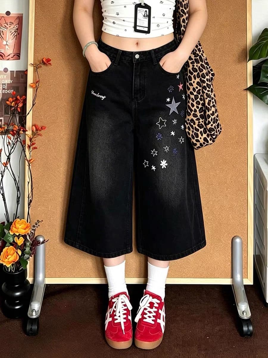 여름 새로운 루즈핏 슬림해 보이는 넓은 다리 다용도 중 반바지 한 부서 트렌디 별 자수 패치 7 점 청바지 여성 이미지 3
