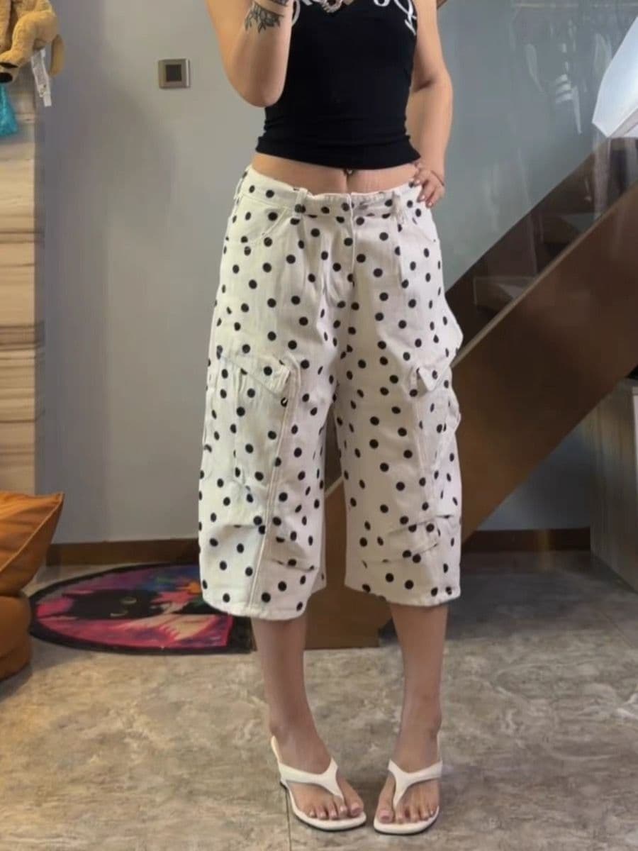 여름 얇은 스타일 거리 루즈핏 넓은 다리 캐주얼 바지 한 부서 아메리칸 도트 무늬 프린트 워크웨어 데님 7부 바지 여성