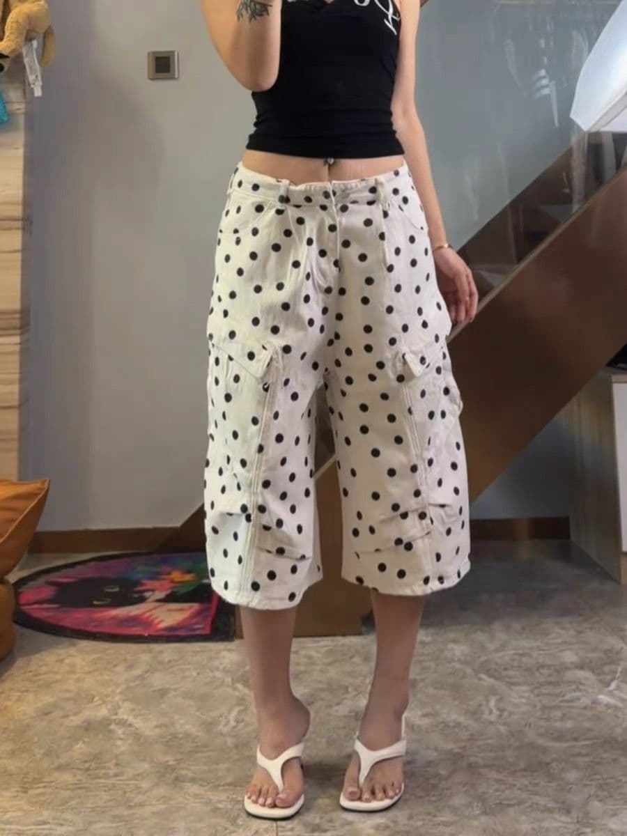 여름 얇은 스타일 거리 루즈핏 넓은 다리 캐주얼 바지 한 부서 아메리칸 도트 무늬 프린트 워크웨어 데님 7부 바지 여성 이미지 4