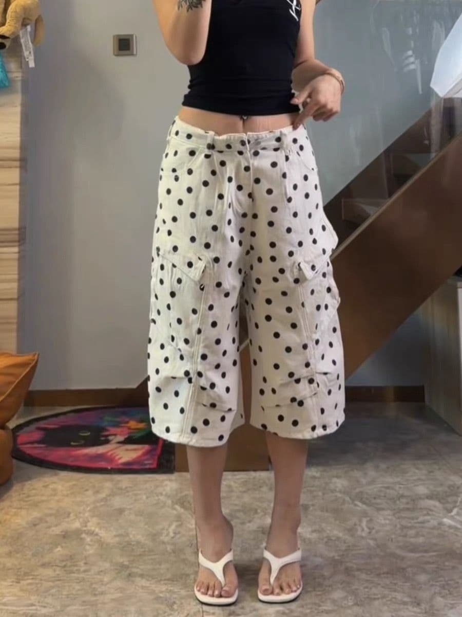 여름 얇은 스타일 거리 루즈핏 넓은 다리 캐주얼 바지 한 부서 아메리칸 도트 무늬 프린트 워크웨어 데님 7부 바지 여성 이미지 2