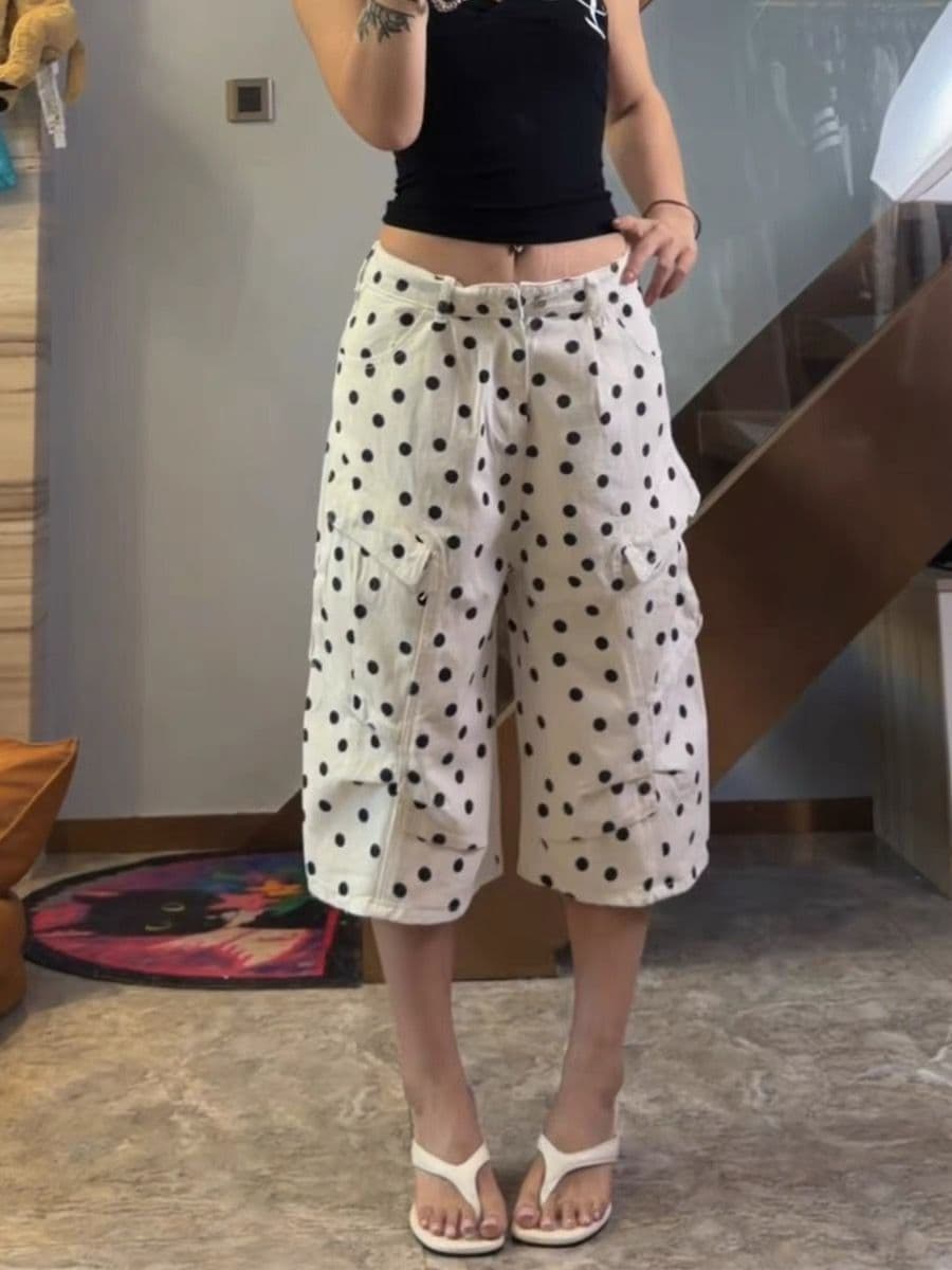 여름 얇은 스타일 거리 루즈핏 넓은 다리 캐주얼 바지 한 부서 아메리칸 도트 무늬 프린트 워크웨어 데님 7부 바지 여성 상세 이미지 1