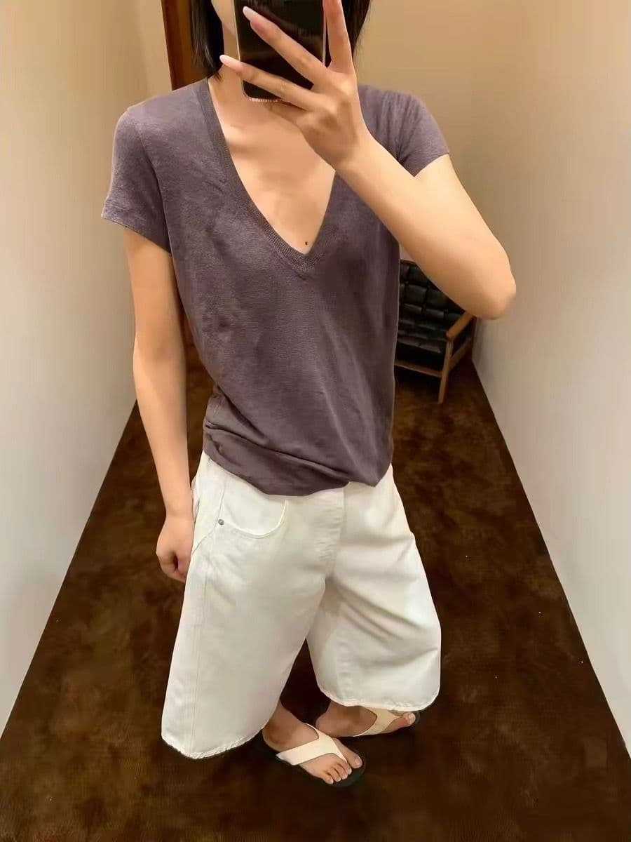 여름 새로운 하이웨이스트 루즈핏 슬림해 보이는 스트레이트 5 점 바지 한 스타일 미니멀리즘 화이트 7 점 넓은 다리 청바지 여성 상세 이미지 3